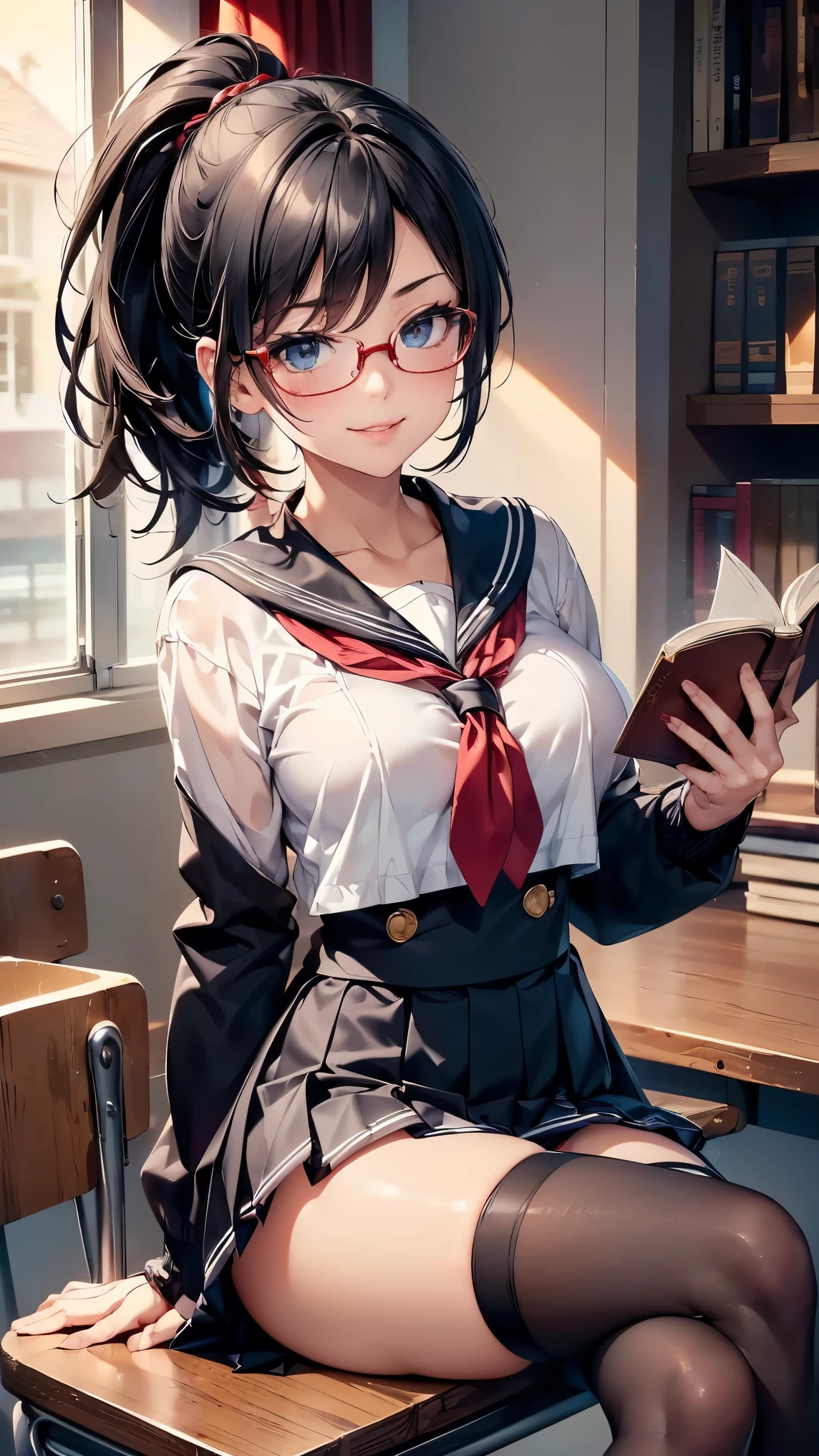 1girl，((Smooth black hair in a ponytail blowing in the wind，Clear black eyes))，((masterpiece，Very realistic，A detailed anime wallpaper:1.4))，((Perfect Anatomy:1.2))，Cute symmetrical face，CG Unity 8k，((Black long-sleeved sailor suit，black pleated mini skirt，Intellectual glasses，Black thigh-high socks))，8K quality，Extremely sophisticated digital art，((holding an open book in one hand:1.55))，A perfect, cute, and excellent girl，Looking at the camera with a gentle smile，A soothing smile，Very large breasts，Extremely detailed hair and face，Artistic pastel art，((A tree-lined road at dusk with autumn leaves fluttering beautifully:1.1))，((The refreshing breeze flips up my skirt:1.24))，Professional Lighting，Supermodel，((Red lace low rise panties:1.09))