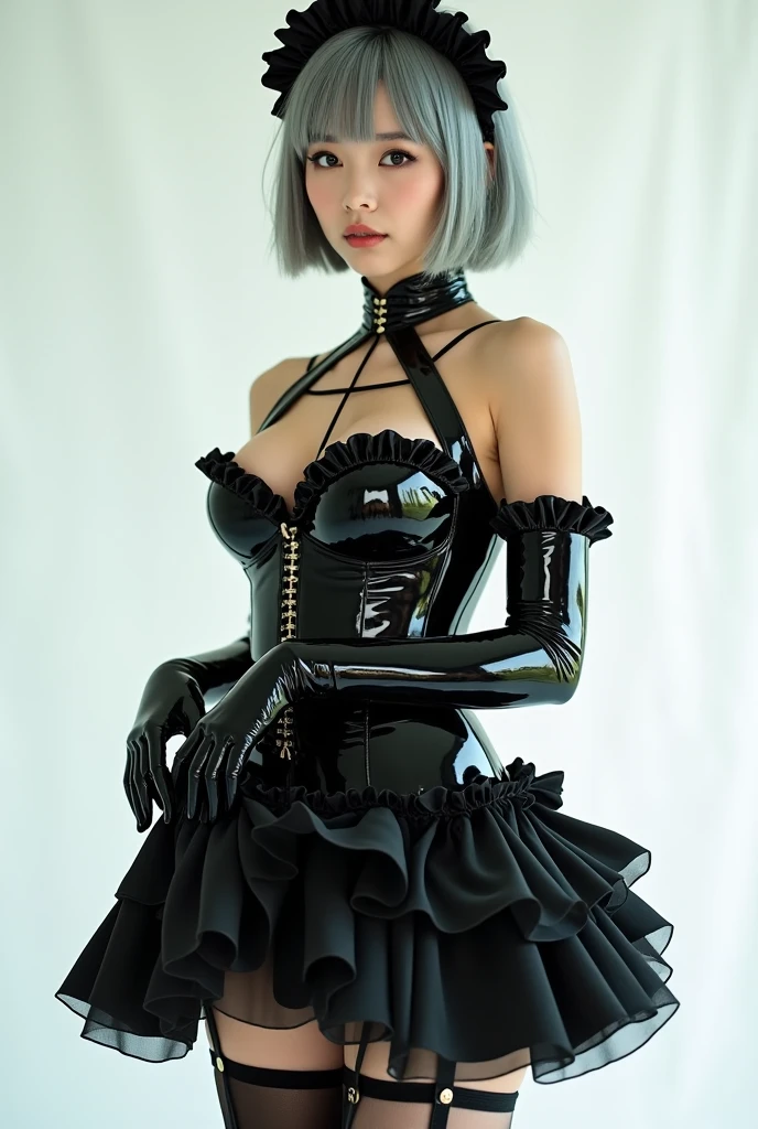 A Japanese woman with a very beautiful beauty like an actress
An exquisite studio portrait depicting a confident female model dressed in a glossy black latex outfit that channels a refined maid aesthetic. She wears a sleek high-cut bodysuit adorned with dramatic ruffles along the shoulders and hips, balancing elegance and edgy allure. The ensemble features a matching latex mask that conceals the lower half of her face, imparting a subtle air of mystery. Her short, ash-gray hair frames her eyes, accentuated by understated yet striking makeup to draw attention to her calm, focused gaze. The costume includes a harness-like detail across the torso, enhancing the sculptural silhouette while introducing a modern twist to the classic maid motif. Complementary long latex gloves envelop her arms, mirroring the smooth sheen of the bodysuit, and thigh-high stockings lend a unified style. A ruffled headpiece crowns her hair, reinforcing the costume’s thematic coherence. The model poses with poised self-assurance, gently lifting parts of the frilled skirt for a hint of playful elegance. Set against a pristine white backdrop, the scene accentuates the dark luster of her attire and ensures that the viewer’s eye remains fixed on the glossy textures and refined shapes. Soft yet precise lighting highlights each gleaming curve without overwhelming glare. A shallow depth of field may be employed to subtly blur the background, centering focus on the latex material’s intricate folds and highlights. This delicate balance of fetish-influenced elements and haute couture styling results in a captivating, avant-garde visual that maintains both sophistication and allure. Warm undertones in the lighting flatter her complexion and create a welcoming ambiance, while the black latex preserves a cool, reflective undertone. Negative prompts include cluttered surroundings, uneven or excessively harsh lighting, oversaturated colors, and awkward poses that fail to showcase the outfit’s detail. End of