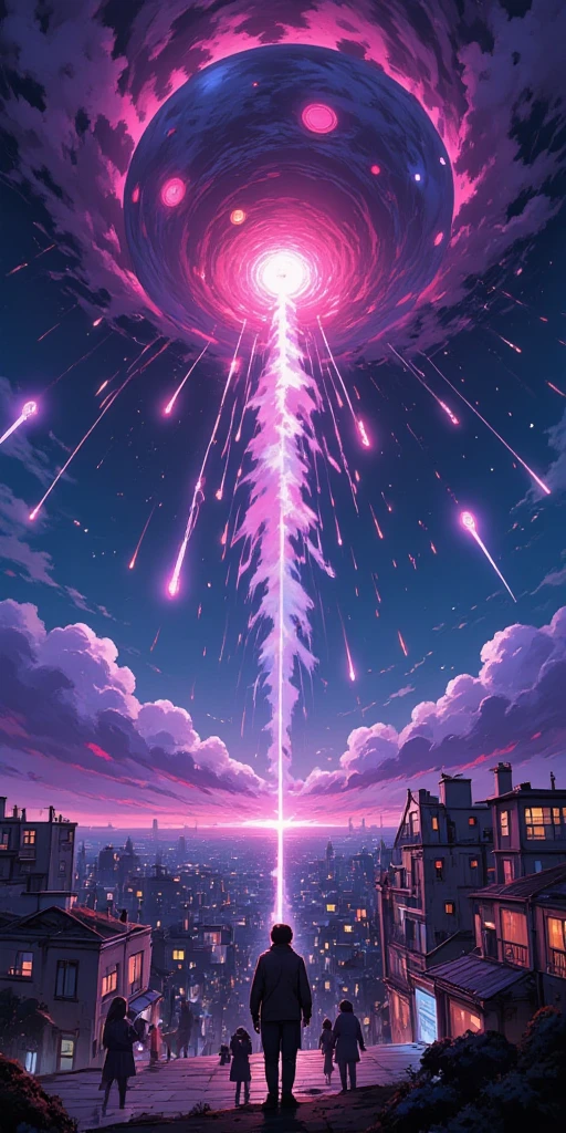 doutch angle view of a very beautiful end-of-the-world scene, tremendous so many beautiful meteors falling blasting the clouds to beautiful lively city. Very dynamic dramatic picture. The sky is beautifully spread out in an impossible and unusual color. People are looking at it from below.