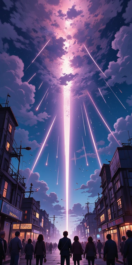 doutch angle view of a very beautiful end-of-the-world scene, tremendous so many beautiful meteors falling blasting the clouds to beautiful lively city. Very dynamic dramatic picture. The sky is beautifully spread out in an impossible and unusual color. People are looking at it from below.