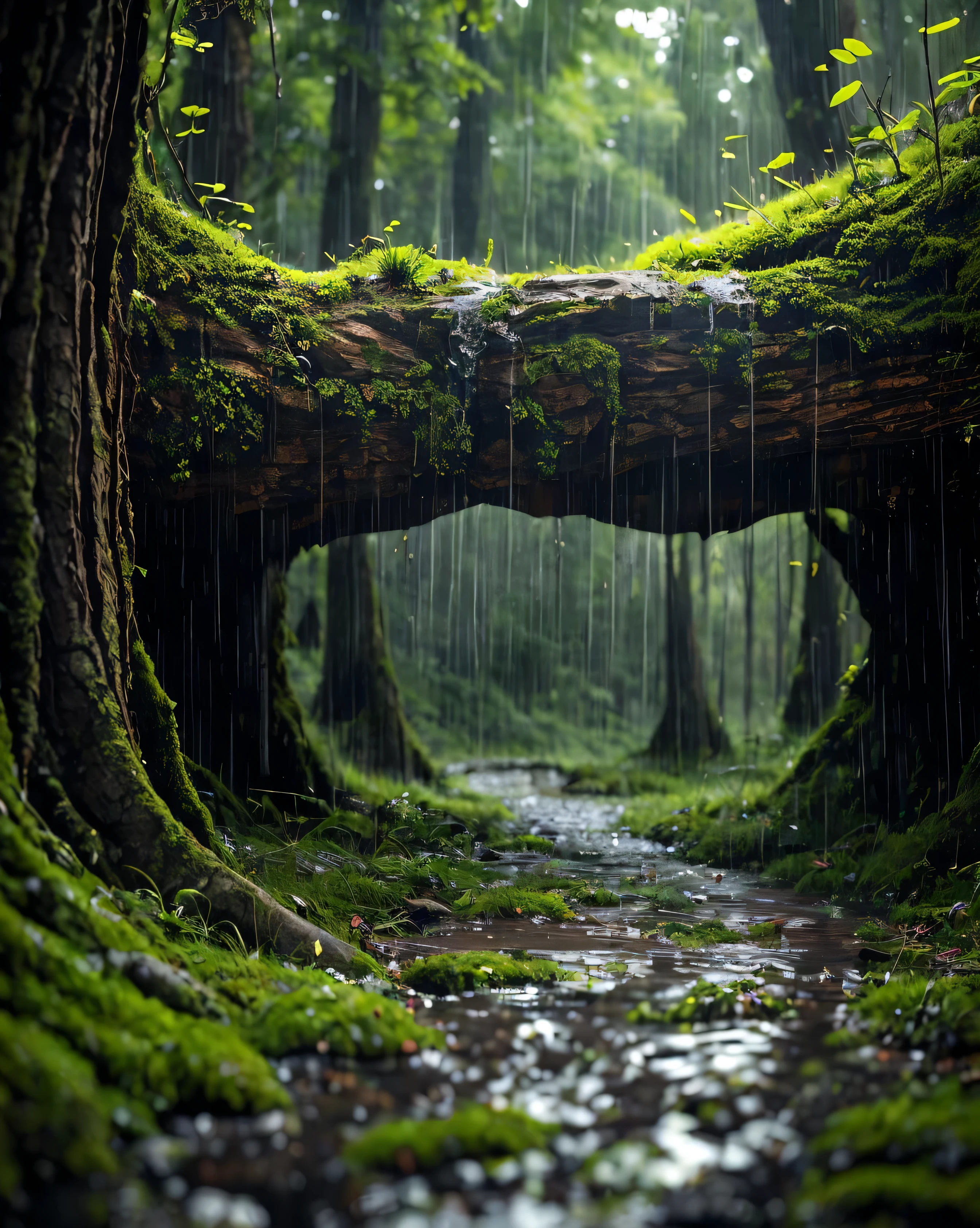 The towering dense trees , the branches extend like giant hands shading the ground below . The leaves whisper lyrically as the wind brings a slowly falling rain spray . A damp path tucked between wild grass and old boulders covered in green moss blanket, slick by dew . The scent of wet earth mixed with the freshness of the foliage fills the air , create a deep calm . Thin mist flows softly between sturdy tree trunks , while the shadow of the mountain in the distance seems faint , slowly dissipates in the embrace of gray clouds .