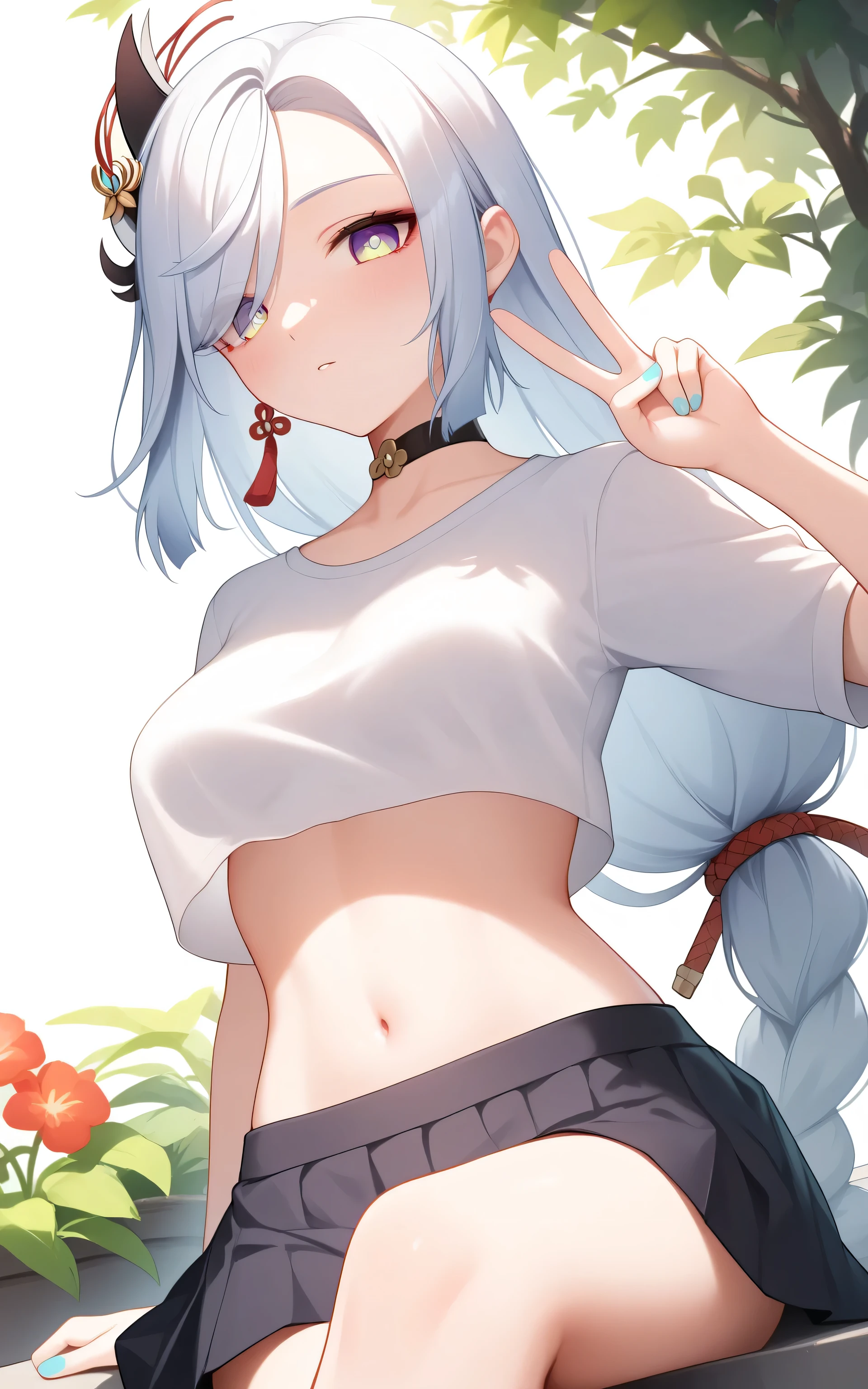 upper body, Shenhe , anime style, Random Sexy pose , ((Ultra detailing)), (very aesthetic, best quality, ultra detailed), intricate details,
1girl, sharp jawline, Long hair, shy, Blush , medium breast, (wearing Wearing V neck shirt, Crop top, choker, Skirt, stocking ), Garden, crossed legs, Low angle view,