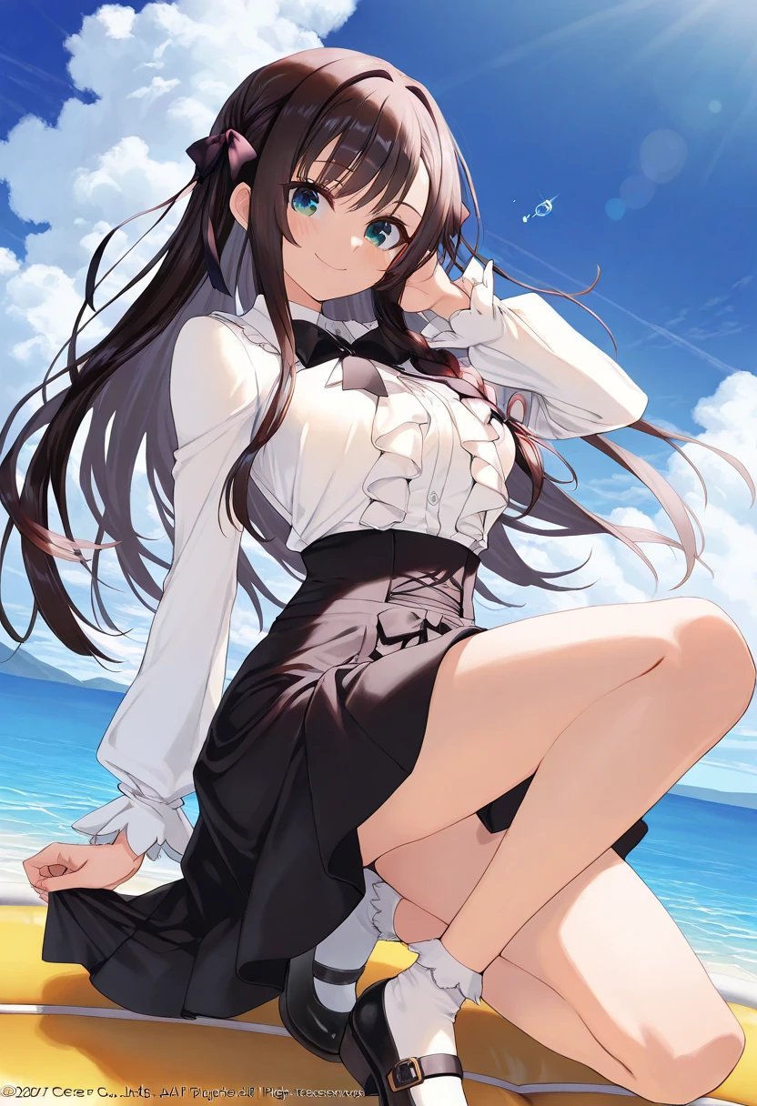 A beautiful girl wearing a navy blue dress posing for a photo, anime girl, in the park, Lolita style dress with ruffles and lace, (flower printed elegant dress skirt), low-cut chest, blue sky and white clouds, windy day, white stockings above the knee, (looking at the viewer), big rounds breasts, dark brown hair, long bangs, long hair, wavy hair, shiny hair, expressive hair, hair flower, hair ribbon, jewelry, aqua eyes, glowing eyes, pupils sparkling, earrings, open mouth, blush, tongue, happy, red lips, glossy lips, upper teeth, naughty face, big rounds breasts, slim waist, beautiful and detailed legs, cute thighs, full body, well defined body, fine lace panties, (showing elegant panties:1.4), exposed panties, skirt lift, upskirt, wind blowing up dress skirt, high detail, ultra-detailed, anime, dithering, beautiful illustration, depth of field, pov, low angle, from below, perspective, panorama, game cg, NSFW, Wide-Angle, f/1.8, 85mm, Sony FE GM, 8k, super detail, UHD, retina, masterpiece, accurate, anatomically correct, textured skin, highres, 16k