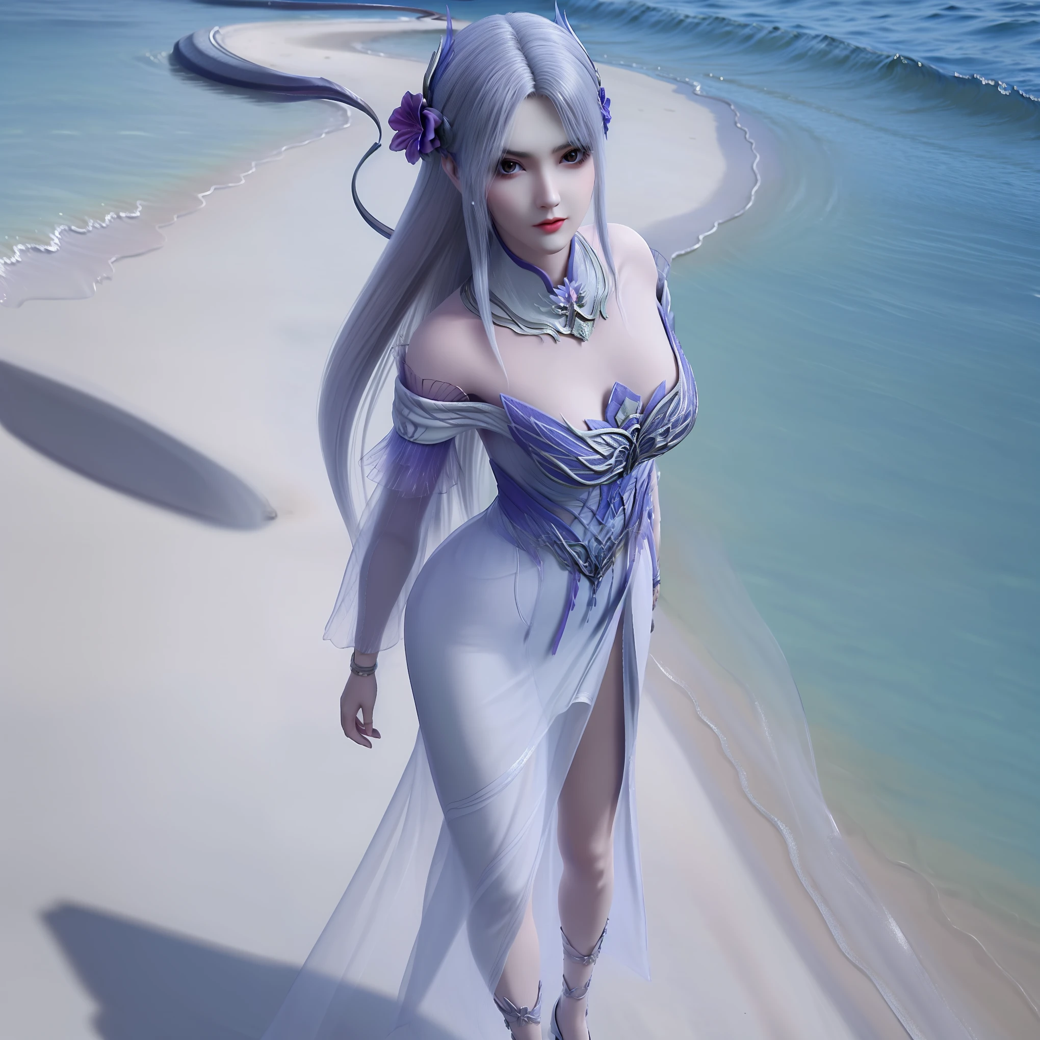 masterpiece,best quality,8k,absurdres,highres,
xiaoyixian,1girl,solo,jewelry,((hair ornament:1.2)),flower,breasts,closed mouth,looking at viewer,(slim legs:1.2),side slit,hand up,arm up,long dress,pale skin,
(sparkle:1.2),(glitter:1.1),(sunlight:1.2),slim legs,high heels,wind lift,dynamic pose,from above,water,beach,