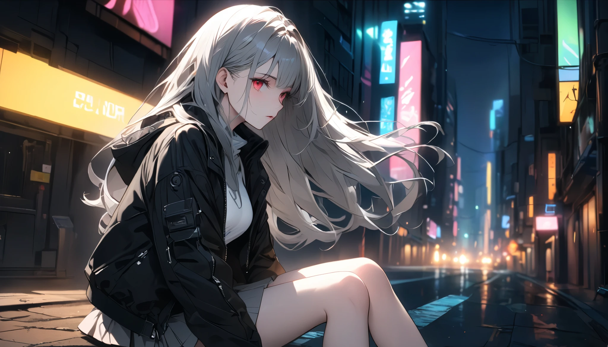Casual fashion, young woman in mini skirt, neon city at night. Cyberpunk. Full body, embracing the cold air with a pensive look, she feels both anxious and strong. There is a look of determination on her face. The soft and delicate shading gives a sense of inner strength amidst uncertainty. The scene conveys a sense of inner conflict and introspection, highlighting doubts and anxieties. Highly detailedElegant and detailed, adding a dramatic and symbolic element to the scene, deep borders, bokeh, smooth textures, ultra detailed, high resolution, ultra detailed, (best quality, 16K, high resolution, masterpiece), subtle colors, vibrant colors, professional lighting, beautiful details with little projection, long hair, silver haired woman, pale skin, red eyes, mini skirt, full body