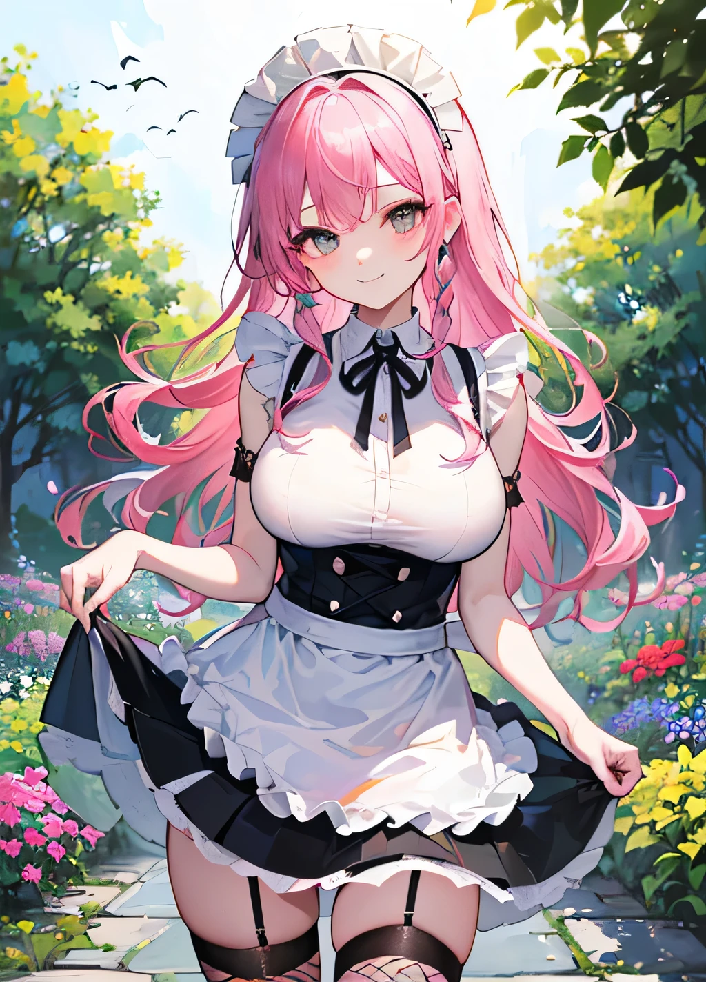 Fluttershy, Fluttershy from My Little Pony, breasts big, Lush breasts, elastic breasts, exuberant hair, pink hair, employee, Gonic uniform, bonitas, Broom in hand, fishnet stockings, butterfly hairpin, best qualityer, very detailled, shy, flip flop, butterflys