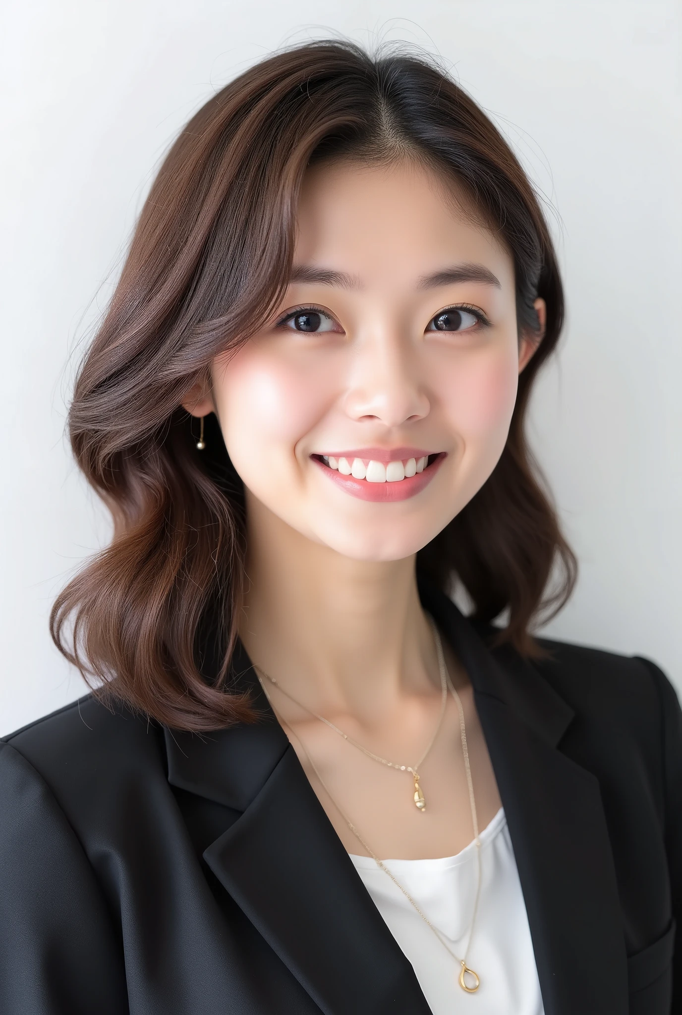 Beautiful Japanese Woman 、、 She is wearing an office lady suit、濃いeyeshadow 、Hairstyle: Medium long、wavy hair 、 Light Brown Hair 、ear piercing、 smile showing teeth、 necklace、 white backgr