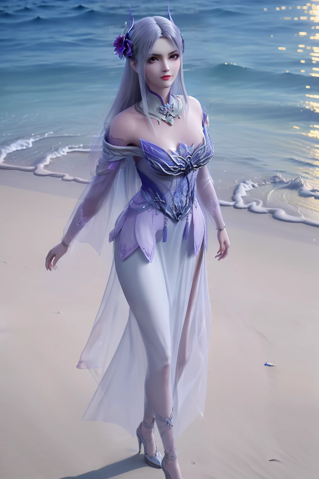 masterpiece,best quality,8k,absurdres,highres,
xiaoyixian,1girl,solo,jewelry,((hair ornament:1.2)),flower,breasts,closed mouth,looking at viewer,(slim legs:1.2),side slit,hand up,arm up,long dress,pale skin,
(sparkle:1.2),(glitter:1.1),(sunlight:1.2),slim legs,high heels,wind lift,dynamic pose,from above,water,beach,