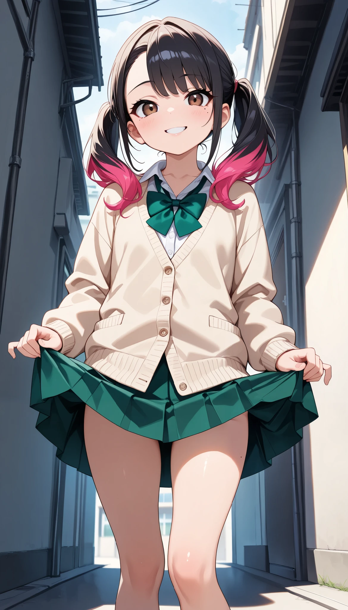 miyukihoshizora, Miyuki Hoshizora, short hair, pink hair, bow, hair bow, (pink eyes:1.3), hair bun, double hair bun, ahoge, yellow bow, smile,
BREAK , necktie, pink necktie, nanairogaoka middle , long sleeves, skirt, blue skirt,
BREAK indoors,classroom,
BREAK looking at viewer, dynamic pose,
BREAK (masterpiece:1.2), best quality, high resolution, unity 8k wallpaper, (illustration:0.8), (beautiful detailed eyes:1.6), extremely detailed face, perfect lighting, extremely detailed CG, (perfect hands, perfect ???????),mini skirt、Panties in full view、Lifting her skirt to show off her panties、Embarrassed smile