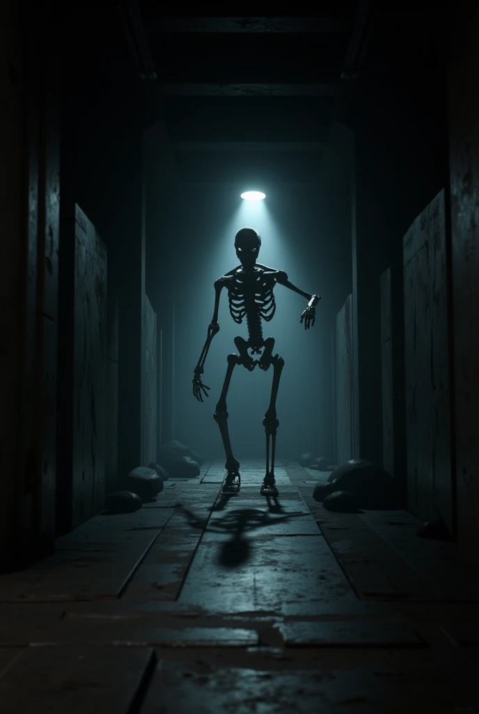 a scary skeleton standing standing directly in my back in darkness abandon room.