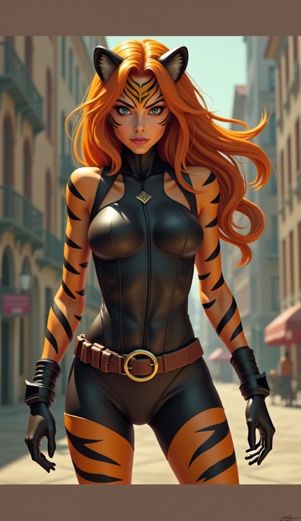tiger girl, muscular build, large breasts and cruvy hips, slim waist, orange hair, blue eyes, wide smile, view from front view, armor , flames , frecklestall , poses wearing black leather armor , 1girl, cat ears, armor, black hair, red eyes, pale tan skin , boots, high heels, gloves, looking at viewer, tail , fastasy diagital art.