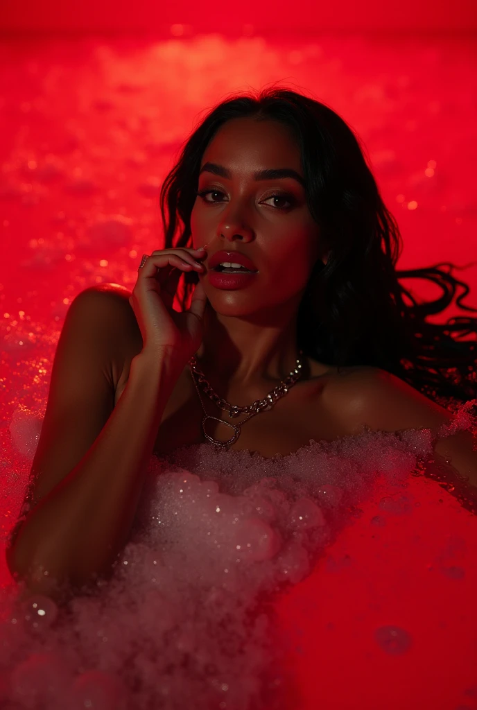 Full body, a mean caramel, Blasian Latina women of mixed race,extremely long shiny semi-wet glowing skin, black hair touching the floor, big serve,average , perfectbody,bonitas,) , lying in the red water of the pool with bubbles and soap bubbles , her hand is holding a hand over the edge of the large luxurious pool, red neon light illuminates from above, The weather is sexy and ethereal, pastel colours, zoomed out shot, cinematic, dark holographic, Light-based, futurist, highy detailed, Hyper-Realism, realistic lighting, highy detailed,water is dripping from her face making her look thirsty,her body is wet,soggy,she is sticking out her tongue whole body, whole body 