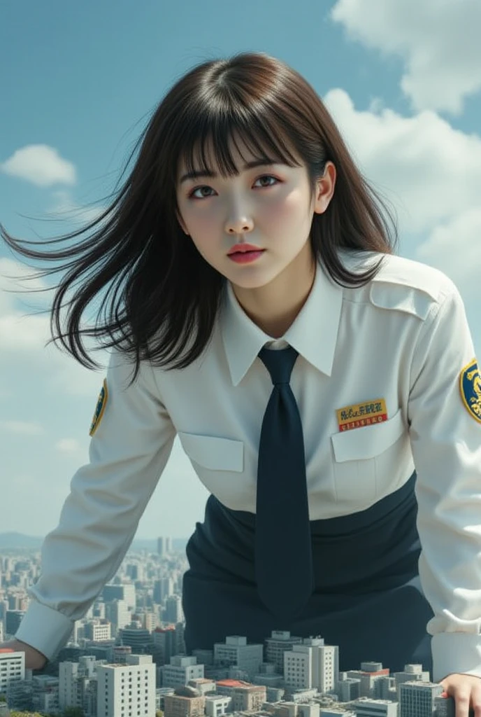 Modern, police officer, one person, Japanese beauty, spring traffic safety, police car, large arrangement of beautiful women, poster style, transparency
