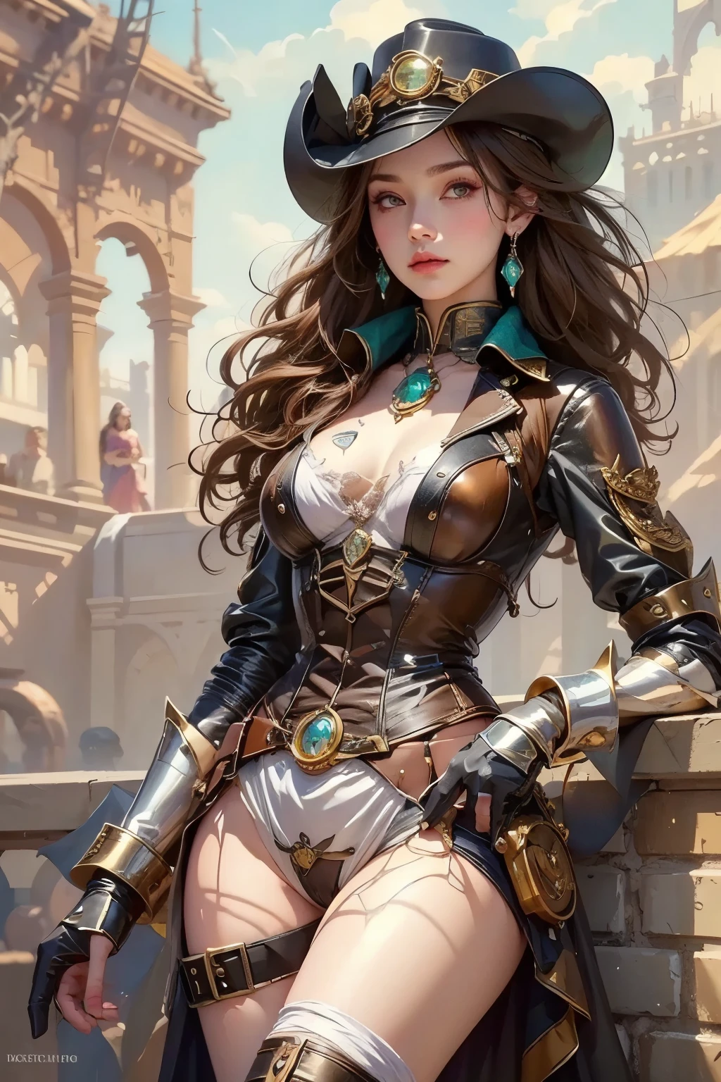steampunk style, best quality,ultra-detailed,busty Malaysian woman:1.1,energetic,athletic,hijab,huge breasts,small field scientists outfit,investigates a forgotten gateway of time and space, ruins of Atlantis, adventur, danger, seductionportrait,sharp focus,vivid colors,warm color tone,lens flare,studio lighting