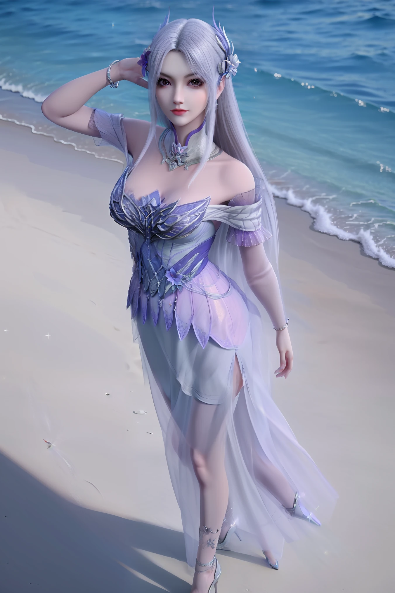 masterpiece,best quality,8k,absurdres,highres,
xiaoyixian,1girl,solo,jewelry,((hair ornament:1.2)),flower,breasts,closed mouth,looking at viewer,(slim legs:1.2),side slit,hand up,arm up,long dress,pale skin,
(sparkle:1.2),(glitter:1.1),(sunlight:1.2),slim legs,high heels,wind lift,dynamic pose,from above,water,beach,