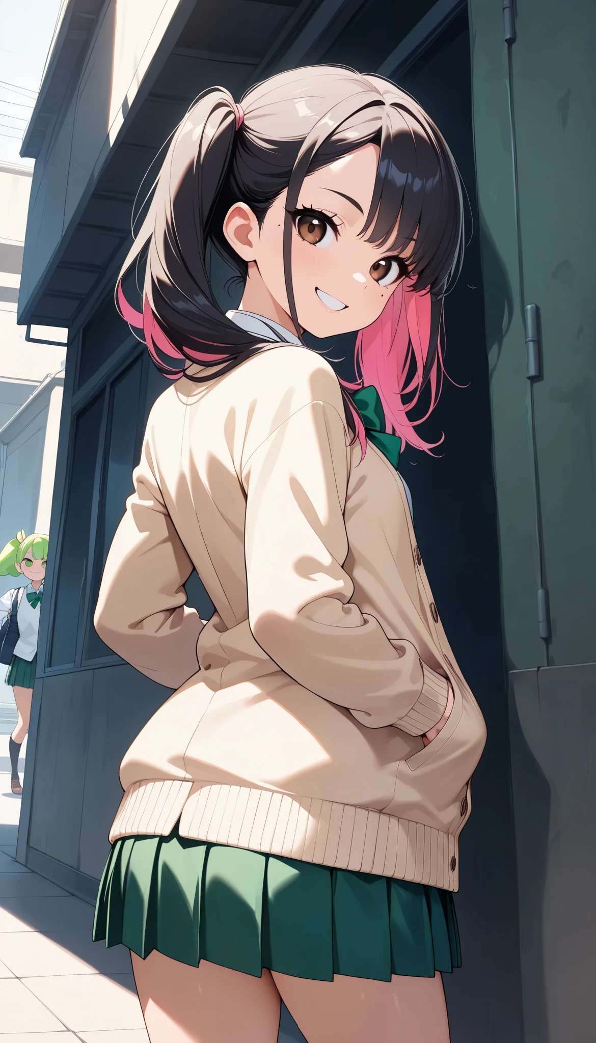 ( Cute age Girls ,  petite body,  brown eyes),  1 female, ( beautiful high school girl , Black hair with pink inner color hair,  elevated twin tails ,  asymmetrical bangs , mole under the eye:1.2,  small face,  beautiful skin, Grinning face,  mouth), Beautiful and shining eyes,  glossy lips ,  very detailed目と顔,  long eyelashes, ( school uniform ,  shirt, bright green bow tie ,  beige cardigan,  green pleated skirt), Back view,  Butt Oriented :1.4,  low angle around the neck:1.1, Dark back alley landscape:1.2, Quiet,  light shining in ,( top quality:1.2,  very detailed,  high detailed CG illustration ,  Soft Focus ,  Masterpiece:1.2,  Best Aesthetics ), Perfect Face,  perfect hands,  PERFECT LEGS ,  perfect fingertips,