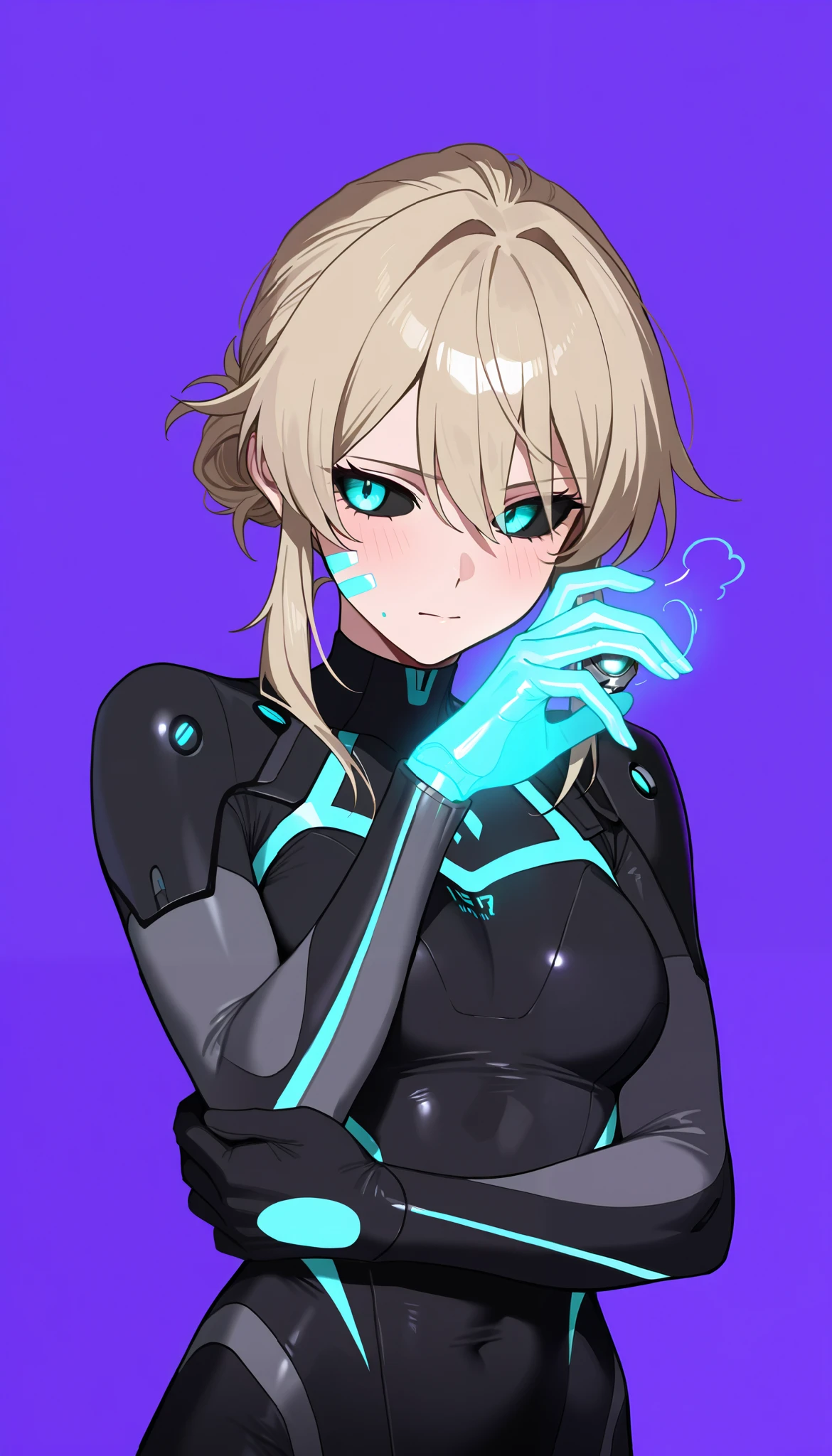 1woman, solo, (simple background), purple background,
(upper body at the waist),
turquoise eyes with fine, swirling silver patterns, black_sclera,
tall, lean athletic build, (delicate, intricate, biomechanical implant on left cheek),
expression: introspective with a hint of quiet determination,
_Masterpiece, top quality, high definition, detailed face, clean eyes,
(dynamic, softly blurred edges composition, emphasizing an air of mystery),
(right hand gently touching the implant, left hand resting on the waist),
(hair: short, spiky, ash-blonde with subtle, glowing blue undertones),
(subtle, ambient glow around the implant, casting a soft light on her face)