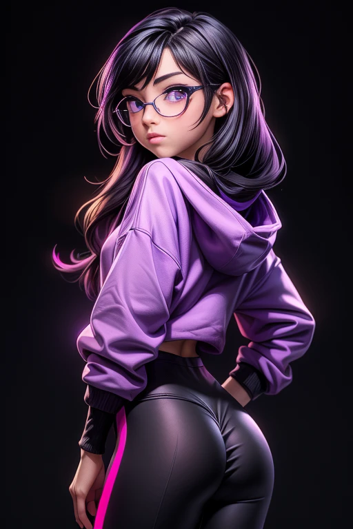(anime art of A 18-Year-Old girl with long black hair and neon purple eyes. She wears glasses, with round lenses, and she&#39;s wearing a simple oversized hoodie and a pair of black leggings.. Behind her is a black background:1.2), masterpiece, 4K, Best quality, anime art, example