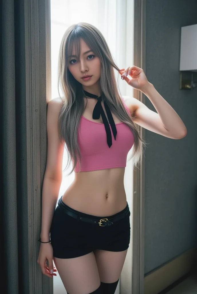 absurdres, 1girl, blush, (realistic:1.5), (masterpiece, Extremely detailed CG unity 8k wallpaper, best quality, highres:1.2), (ultra_detailed, UHD:1.2), perfect illumination, distinct, (1girl:1.4), looking at viewer, unreal engine, sidelighting, perfect face, detailed face, perfect body, beautiful eyes, pretty face, (bright skin:1.4), idol, (abs), ulzzang-6500-v1.1,,((narrow waist)),(blonde hair),MAHALAIUNIFORM,(((WHITE SHIRT SHORT SLEEVES))),((BLACK polished PENCIL SKIRT)),((BLACK PLEATED SKIRT)),((in the classroom)),(choker),((white shirt short sleeves )),((black pencil skirt)),(belt),((sitting on the table)),(Full body:1.4),bangs,((glasses)),sharp eyes,peck the corners of the mouth,silver earrings,hands in hair,silver watch,((medium breast))