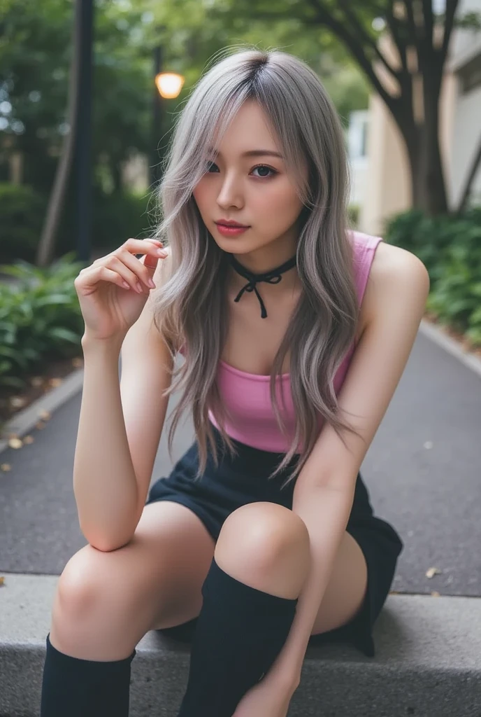 18-year-old、Tabletop, Highest quality, shape, Very detailed, In detail, High resolution, 8k wallpaper, Perfect dynamic composition, Beautiful details, Super long hair、smile、Blonde Hair、Pink inner color hair、Street Snap、Silver Eyes、Beautiful feet、Tight preading her legs