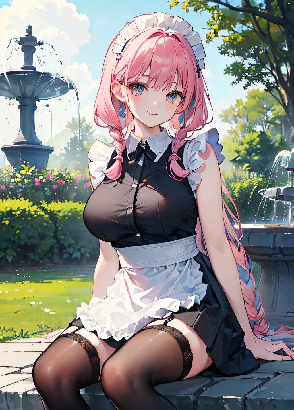 ((Best quality)), ((masterpiece)), (detailed), ((perfect face)), One Girl、Pink long hair、blue eyes、A white dress with black lace、large pink ribbon on the chest、Hydrangea is blooming、Lots of hydrangeas、sitting on a park bench、Eating ice cream