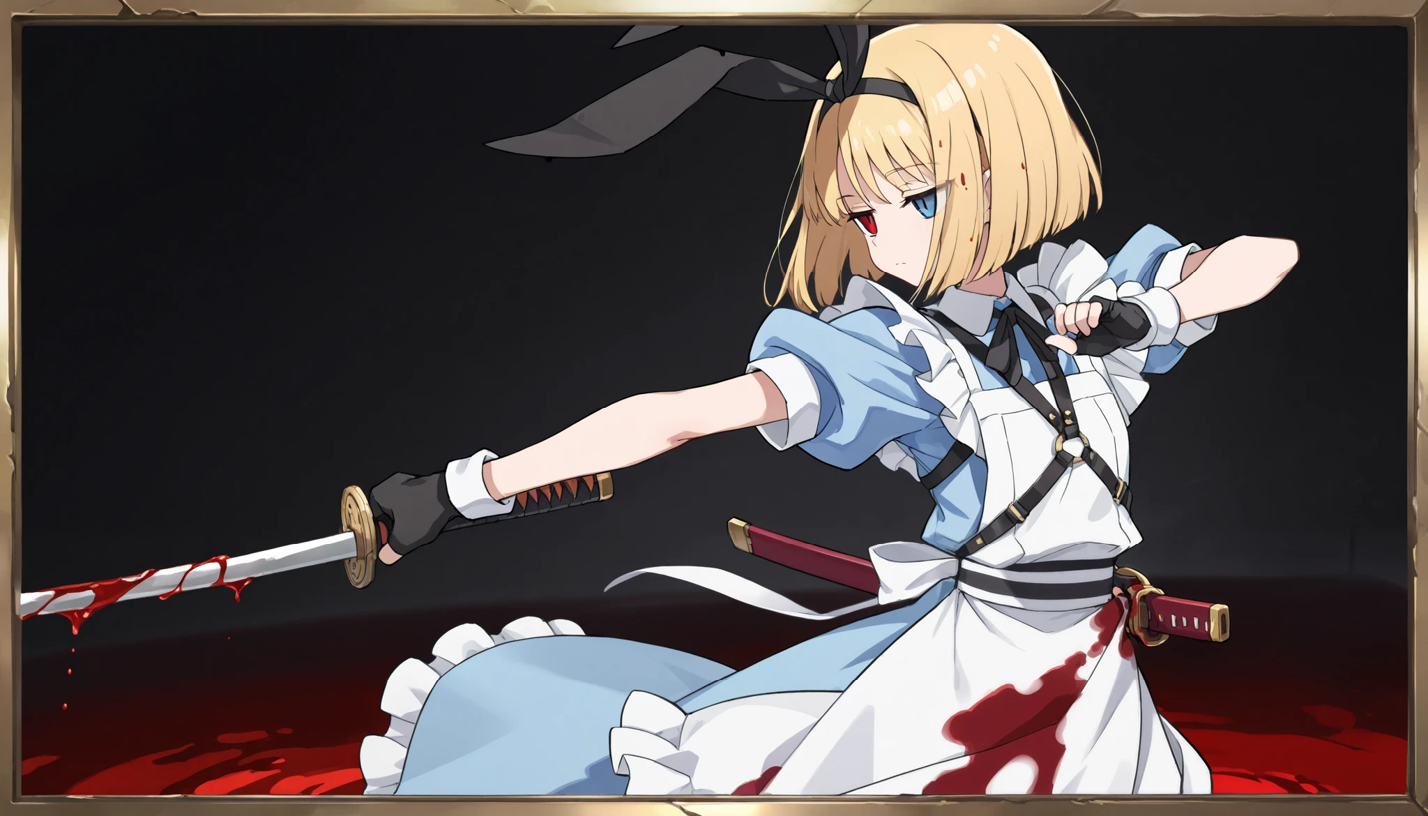 (best quality, highest quality:1.2), from side, masterpiece, top quality, ultra high definition, rich contrasts, HD,8k, High Definition CG Unit Wallpaper, texture , Unbelievably Absurd, ultra high definition, RAW photos, Deep border 1 .2, very detailed, 1girl, solo, standing, from side, stylish pose,
((weapon, katana, waist holding katana:1.5, perfect katana, point the blade far away)), (light blue maid dress), white frill, white maid apron, black fingerless gloves, short sleeves, black Headband, shimakaze black ribbon, action of a soldier wielding, splattered blood, heavy bleeding, blood in hair, blood on clothes, pool of blood, black Body harness,
Expressionless, half closed eyes, slit pupils, heterochromia, lightblue eye, red eye, bangs, blonde hair, bob cut,
score_9, score_8_up, score_8,source_anime,