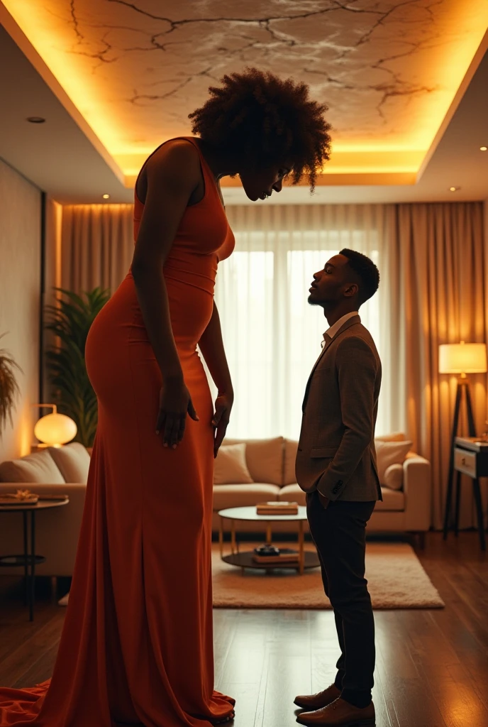 From a distance Generate an image of a doubtful black curvy woman looking at a black man and woman just standing at a flower decorated interior