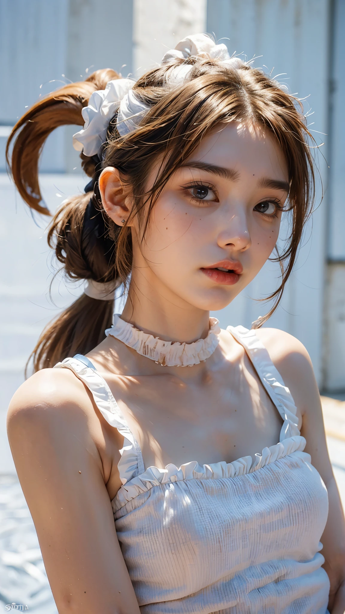 (masterpiece, best quality), 1girl, collarbone, wavy hair, looking at viewer, blurry, upper body, necklace, suspenders, floral print, ponytail, freckles, red hair, sunlight, highres, extremely detailed, 8k photo, best quality, intricate details, realistic, detailed face and eyes,