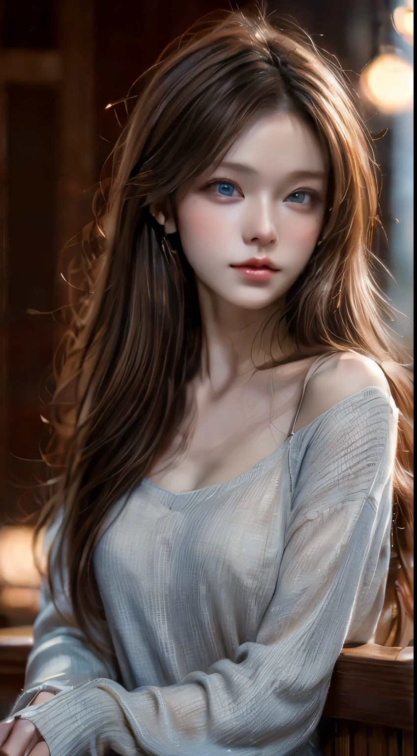 Masterpiece, Best quality, Photorealistic, Ultra-detailed, finedetail, high resolution, 8K wallpaper, 1 beautiful japan woman, Wear casual business attire, In excellent restaurant, At night, Light brown messy hair, Perfect dynamic composition, Beautiful detailed blue eyes, realistic skin, realistic face, realistic body,cinematic photo, cinematic lightings