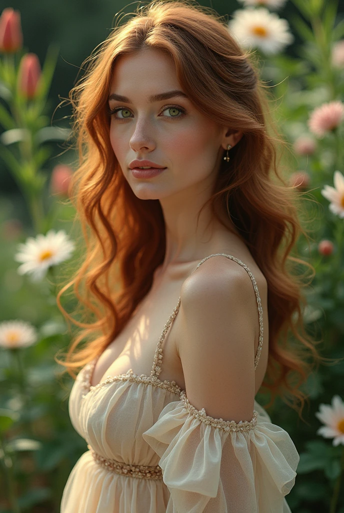 Naked 19 years old, sexy girl with red hair, ultra realistic, meticulously detailed, portrait sophie mudd, white girl, sitting in the garden, medium to large size bust; ; ;naked