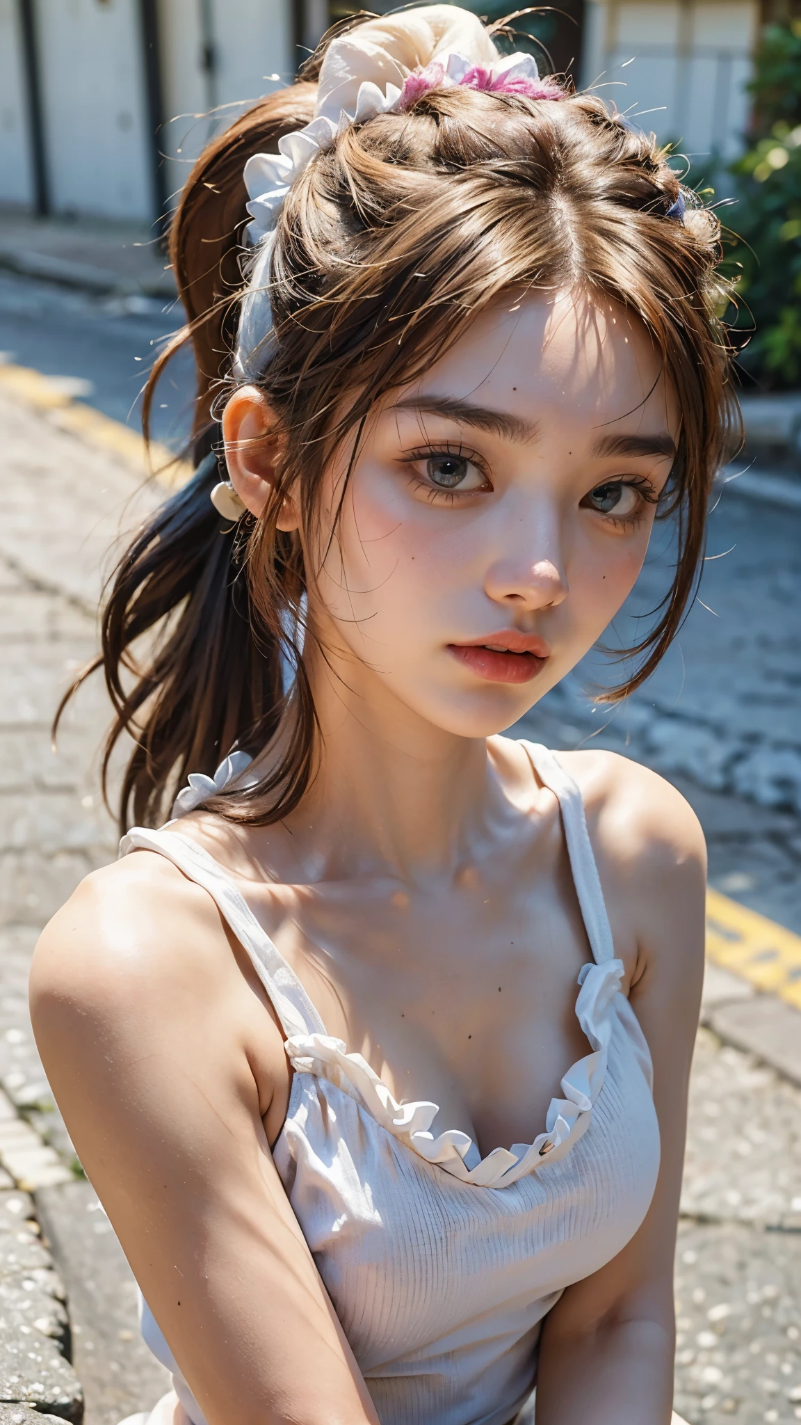 ((natta))), (Outdoor stone bath), (((darkness background)) ,
work of art, best qualityer, ultra-high resolution, (photorealisitic:1.4), CRU photo, 8k photo, Young Japanese model, , lean face, microbiquini , polka dot bikini, 比基尼 ,Emphasize the neckleace ,nblurry background, neckleace, grey-eyed,chestnut hair, hair with braids,asymmetrical hair, asymmetrical bangs, realisitic,(natural skin texture, skin detailed, detailed soft eyes, detailed hair, detailed beautiful lips, Hyper-Realism, ultra sharpness, details Intricate),(((Kale)))