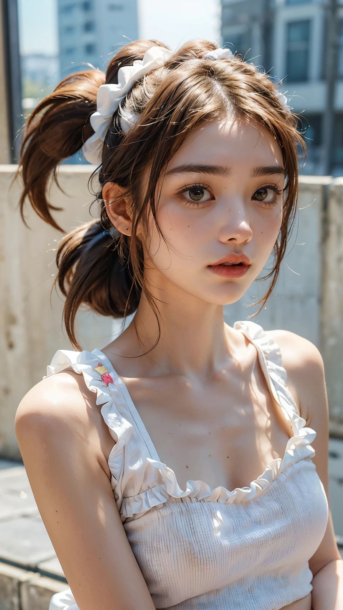 (((Masterpiece))), (((portrait))), Kujou Sara, diffused light, dynamic shadows, sharp focus, realistic, detailed, highres, absurdres, white background, no bra, photorealistic, lifelike, wet, mascara, blushing, sleeveless, youthful appearance, pee stain, white panties, (((nudist))), (((sweept bangs))), (((side braided ponytails))), (((lips apart)))