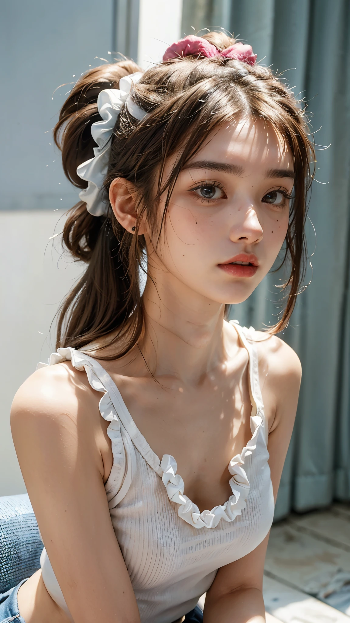 Leotardo blanco apretado a la piel, Body lines are clear, Chicas, Estudiantes de secundaria, Uniformes, Sin faldas, Las blusas son transparentes, grande, cabello rosado, bun head, Cabello largo, cara bonita