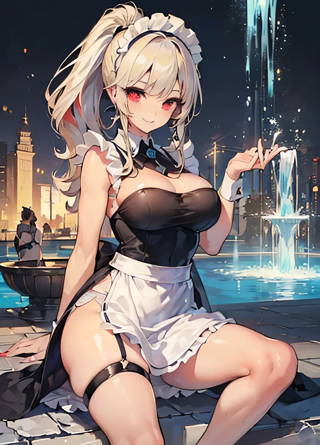 heavy rain，Gorgeous high heels，Under water，grabbing the breasts，Official fine art，tmasterpiece，Sharp focus，Nice high ponytail hairstyle，Delicate and beautiful eyes and face，realisticlying，ultra - detailed，a beauty girl，blue-sky，Glowing white particles,(side-lighting:1.2),scenecy,Long straight hair, sexy facial expression, buliding, (Cityscape:1.7), Dynamic hair, , Long black socks, paleskin, hair adornments, epic landscapes,deep in the night，Masterpiece, Best quality,Bare shoulders, white thighhighs, Hair ribbon, Large breasts,