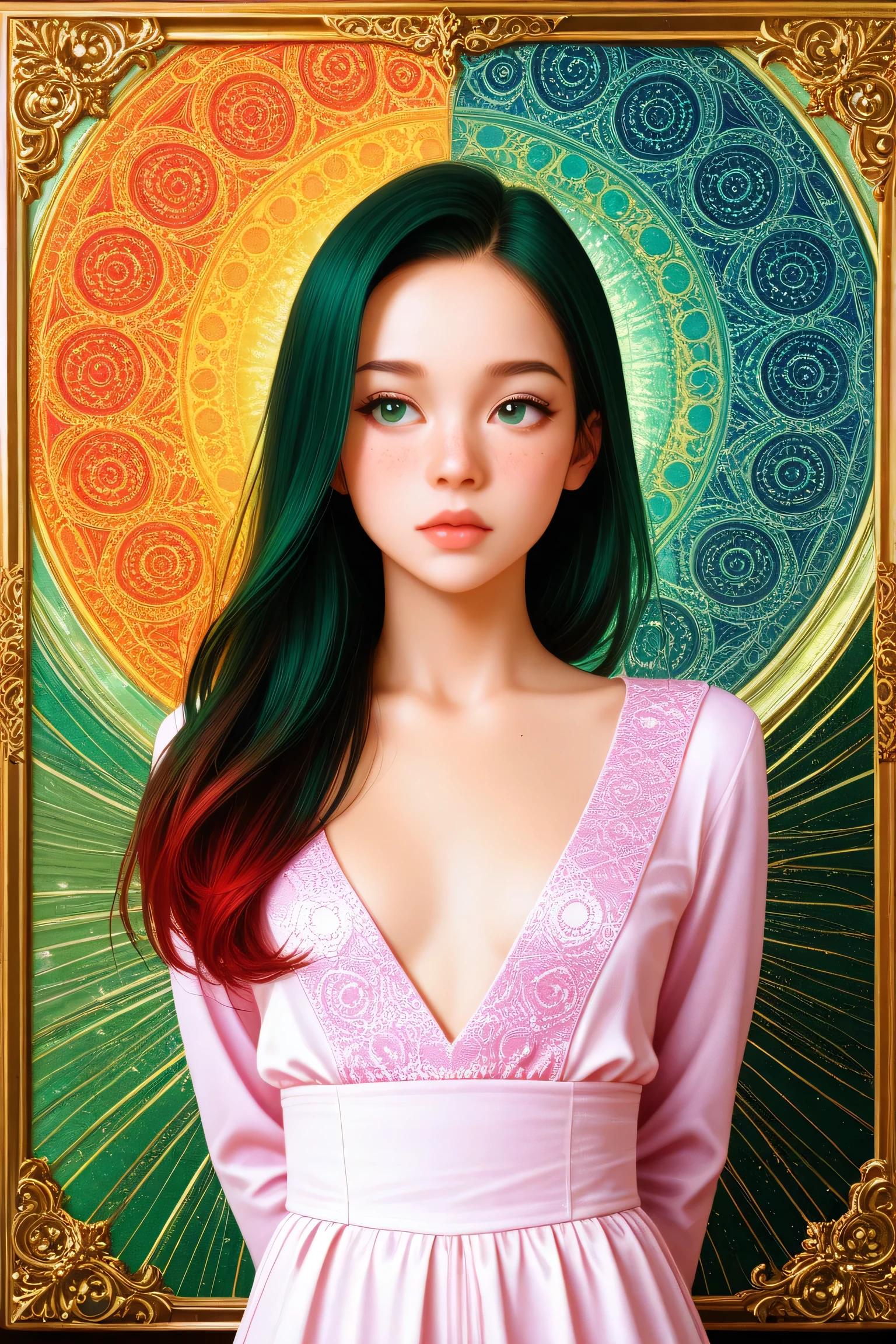 beautiful, redhead, long hair, side part hairstyle, dark green eyes, freckles, pink leather, small breasts, cleavage, magical, mystical, psychedelic, fantasy, ethereal, gold border, graphic novel, line drawing, traditional, vintage, elegant, chic, sophisticated, (arms behind back), big expressive eyes, ulzzang, Slender、Slender body、asian high school girl, freckled face, heavy blushing, freckled face, heavy blushing, swirling patterns,inconsistent perspective,unnatural proportions,detailed,unsettling,high contrast,ethereal atmosphere,vibrant hues,uncanny,dreamscape,surrealistic,unrestrained imagination,incoherent thoughts,bizarre scenarios,distorted emotions,intense,hallucination,transformative,unpredictable,whimsical,
