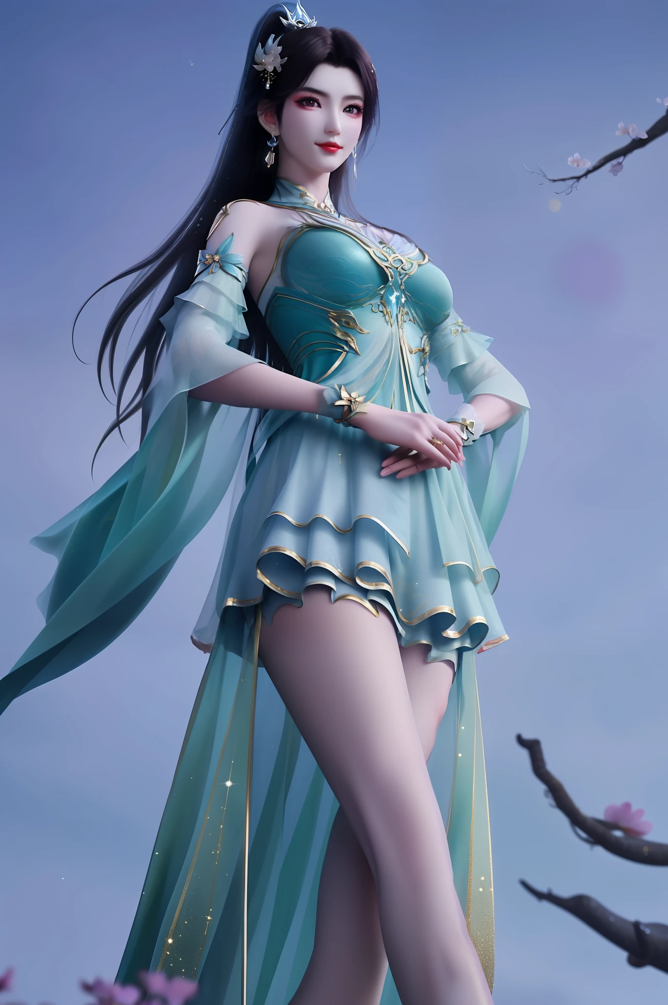 masterpiece,best quality,8k,absurdres,highres,
xuner,1girl,solo,black hair,long hair,ponytail,hair ornament,green dress,gold trim,(long sleeves:1.1),see-through sleeves,detached collar,shiny clothes,shiny skin,earrings,jewelry,closed mouth,(looking at viewer:1.1),light smile,breasts,(pale skin:1.2),skinny,narrow waist,arm up,hand on own hip,
(sparkle:1.3),(glitter:1.3),slim legs,high heels,wind lift,dynamic pose,branch,(plum blossoms:1.2),from below,blue sky,