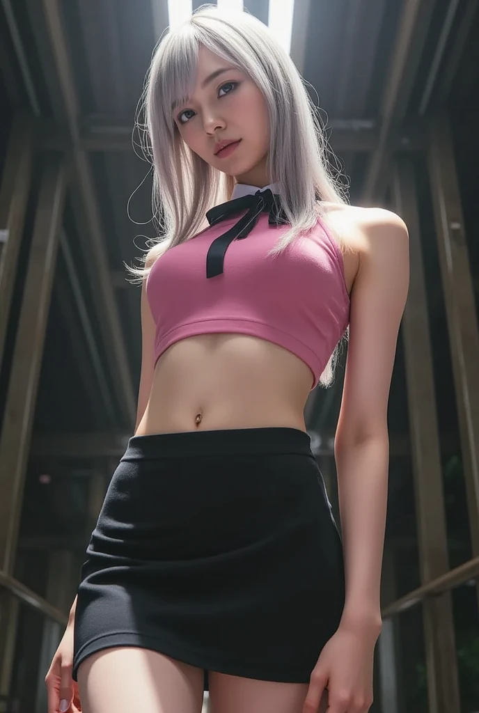 4K ultra, masterpiece, a girl, good face, detailed eyes, straight hair, very long hair, skirt, half skirt, pink color skirt, bare stomach, shinning, high lights, realistic background, sitting, whole body capture,