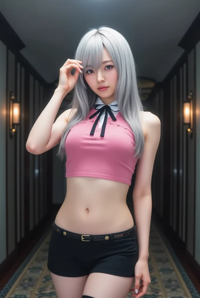 (Masterpiece, best quality, 1 girl, alone, complicated details, Chromatic aberration), realistic, ((Moderate breath)),long hair, pink hair, Red headpiece, Pink Highlights, hair on one eye,purple eyes, earring, sharp eyes, choker, Neon coat, She wears a collar, bangle, and kimono style garters., crop top, (symmetrical eyes),(Perfect symmetrical body),against the wall, Brick wall, (colorful graffiti words on the wall:1.2), The light is dim., alley ,Look at the viewer.、Dig the chest、smile、(sleeveless、Navel touch、Fitted turtleneck.)、street string hot pants、Thin bottom、Please build above the eaves..、Thin shoulders、High resolution、High resolution、in 8K、RAWphotographgraphy、Highest quality、masterpiece、Tabletop、erotic、student、Light green Bra,White skin,knees,(Skin-colored pantyhose),Detailed Panty Pattern、Panty Focus、Pink Panties、absurdes,Small face、Big Breasts、Part the front hair from the middle、The forehead is visible,(Cold look<Squinting my eyes,Glare,strong,Light anger)、masterpiece,Highest quality、超High resolution,RAWphotograph,only,Beautiful poop,one person, one personで,Dark look,Small breasts,whole body、very nice、JK ,high school girl,Japanese women,Are standing,(Realistic:1.37)、Photon Mapping,Light blue ribbon,Realistic、Cute Face,Brown eye、Black socks、22 years old、(Red bow tie)、Radio City、Physics-based only dulling、prospect、Written boundary depth、Blurred Background、photograph,girl、body,Beautiful legs, Long legs, Thin legs,Long Bob Cut,(I can see the front hair), hair, lips, green_eye, Nose Soft,(Light blue shirt), (Navy Pleated Skirt), I can see the knees,See-through clothing,, thigh, black cotton socks,Nogizaka Idol, , Japanese Ido、Sparkling eyes、Glossy lipasterpiece, highest quality:1.2), 8K, young beautiful girl, 85mm,Official AR RAW Photos, baby face、big breasts、show me your ears、photo shoot, cute face, thighs, After school classroom, looking at the viewer, embarrassing、smile、no makeup, film grain, chromatic aberration, sharp focus, face light, clear lighting, Ten