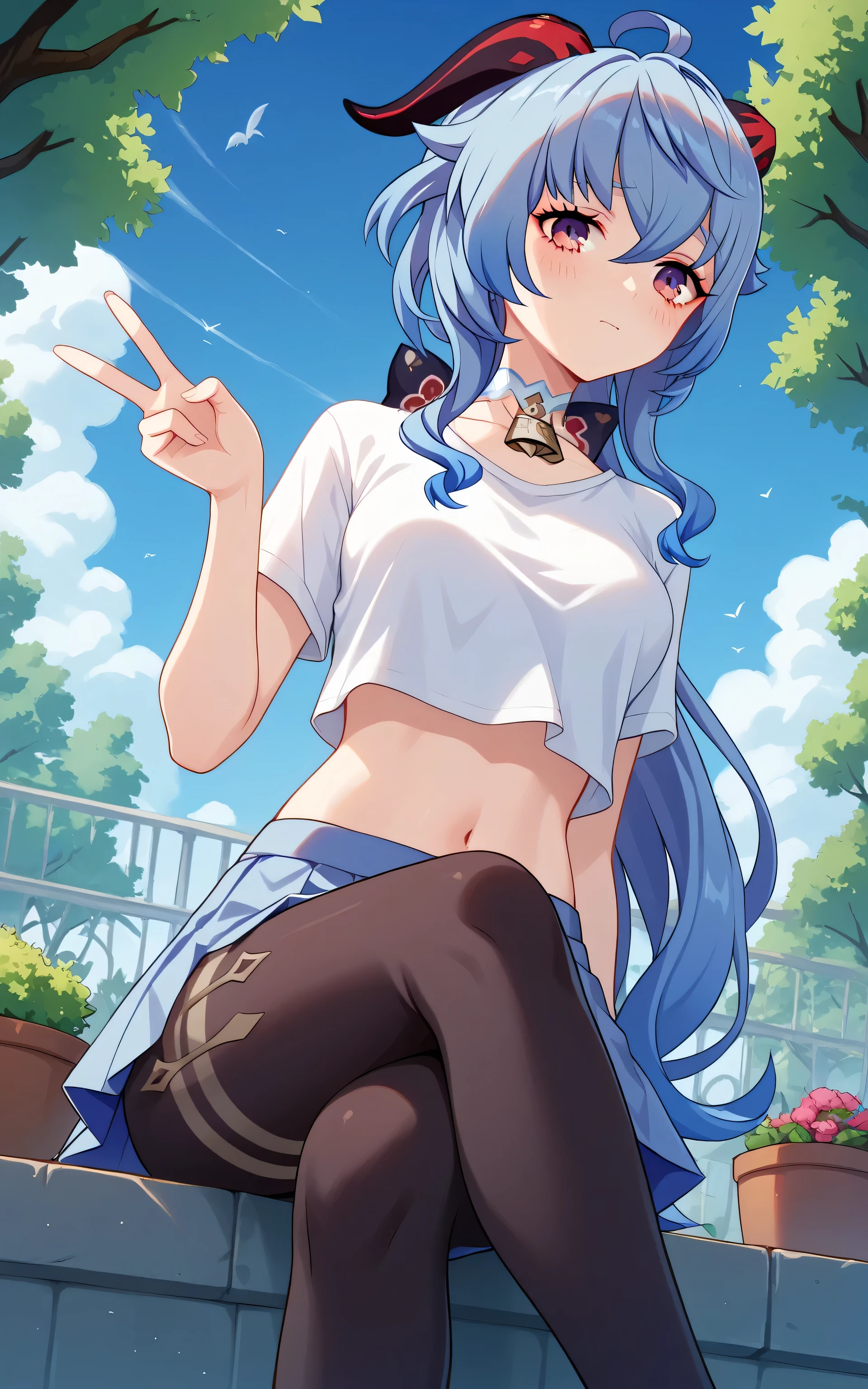upper body, Ganyu, Random Sexy pose , ((Ultra detailing)), (very aesthetic, best quality, ultra detailed), intricate details,
1girl, sharp jawline, Long hair, shy, Blush , medium breast, (wearing Wearing V neck shirt, Crop top, choker, Skirt, stocking ), Garden, crossed legs, Low angle view,
