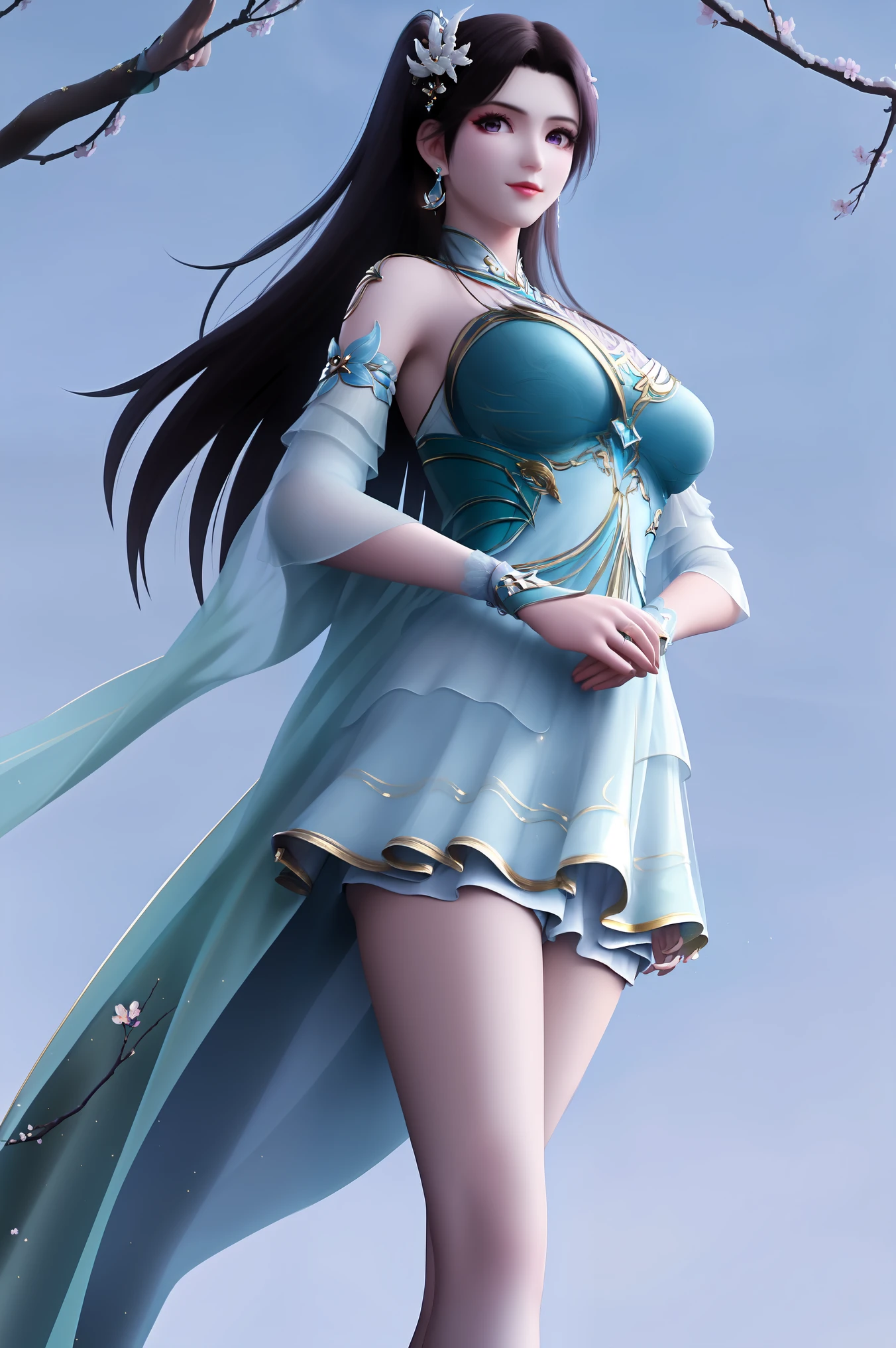 masterpiece,best quality,8k,absurdres,highres,
xuner,1girl,solo,black hair,long hair,ponytail,hair ornament,green dress,gold trim,(long sleeves:1.1),see-through sleeves,detached collar,shiny clothes,shiny skin,earrings,jewelry,closed mouth,(looking at viewer:1.1),light smile,breasts,(pale skin:1.2),skinny,narrow waist,arm up,hand on own hip,
(sparkle:1.3),(glitter:1.3),slim legs,high heels,wind lift,dynamic pose,branch,(plum blossoms:1.2),from below,blue sky,