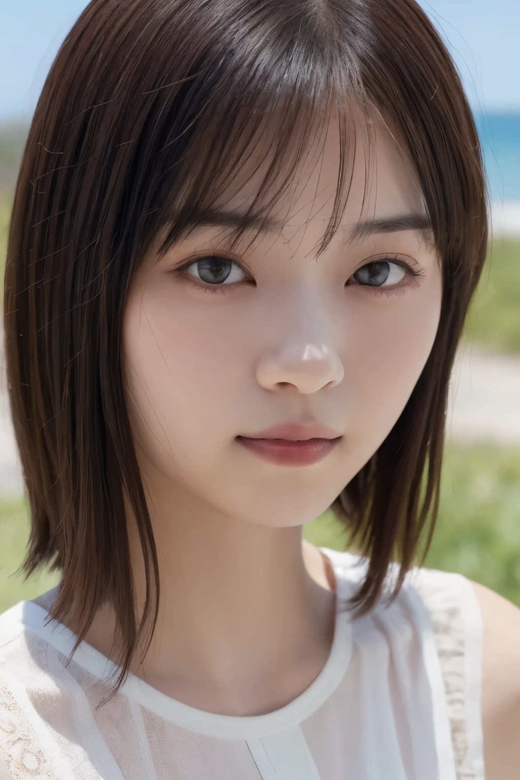 ((Highest quality)),((8K、32k)),(Genuine)、(detailed)、((Beach))、((Bust up shot))、((face closeup))、(White skin)、(Big Breasts)、The best balance between face and shoulder width、Micro Bikini、Shiny Hair、Short Bob、Glowing Skin、Japanese、beauty、Looking into the camera、Thick lips、kawaii、Hehehe:1.2、Shot with a film camera、RAW shooting、#24、Genuine、フォトGenuine:1.4、Photon Mapping、Physically Based Rendering、Perfect Anatomy、detailedなデコルテ、detailedな目、detailedな二重、detailedな咬筋、detailedな鎖骨、Perfect Fingers、Finger Description、(品質 8K)、((White skin))、Avoid mascara、Hair with movement、detailedな毛穴、Natural light、detailedな描写、Blushing、Fine pores、Perfect cleavage、masterpiece、Blushing、detailedな腹筋、sexy、detailedな脇の下、(slender)、(Upper Body)、detailedな目元、1 person、