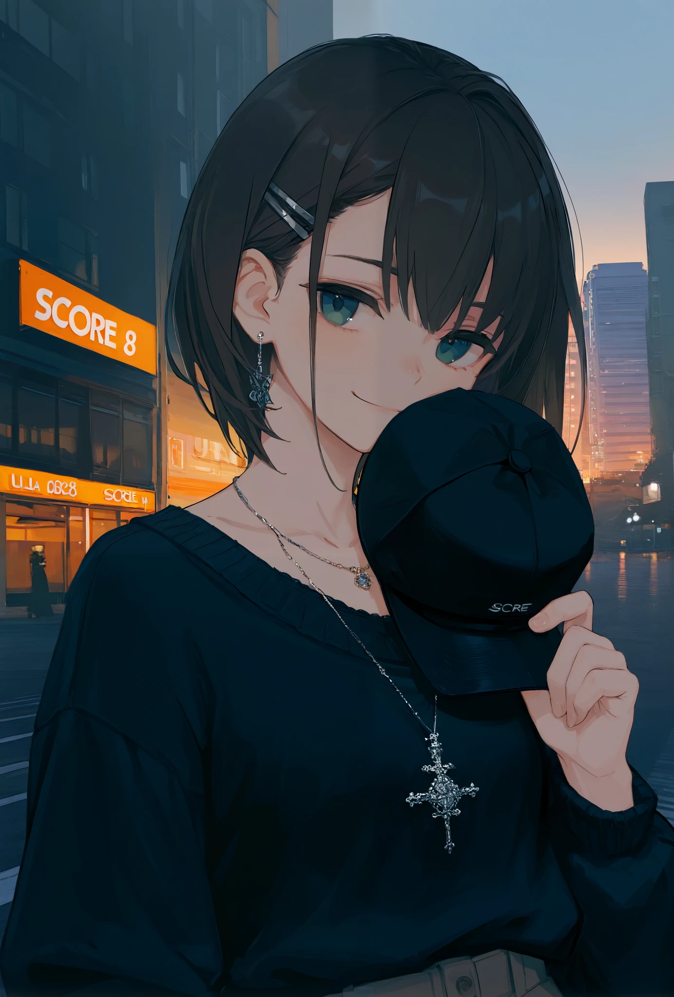 masterpiece, best quality, 8k, highres, ultra-detailed,HDR, UHD, professional,
illustration, best quality, 1girl,earrings, necklace, hair clip, holding hat, gentle smile, modern fashion, urban background