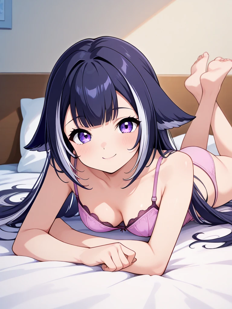 1 girl, long purple hair, blue eyes, wearing bikini, on bed, high res, ultrasharp, 8K, masterpiece, prone lying
