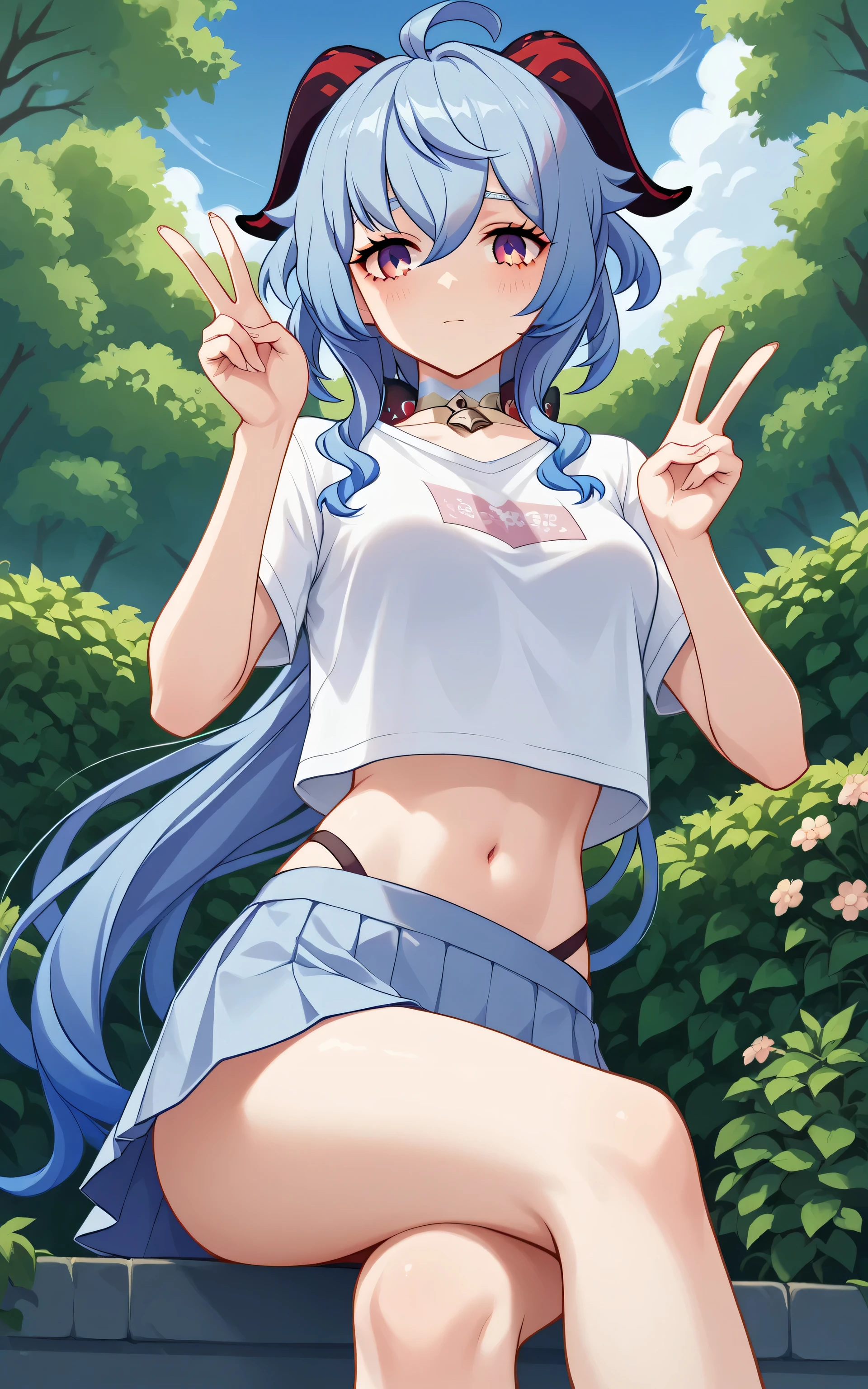 upper body, Ganyu, Random Sexy pose , ((Ultra detailing)), (very aesthetic, best quality, ultra detailed), intricate details,
1girl, sharp jawline, Long hair, shy, Blush , medium breast, (wearing Wearing Shirt, V neck, Crop top, choker, Skirt, stocking ), Garden, crossed legs, Low angle view,