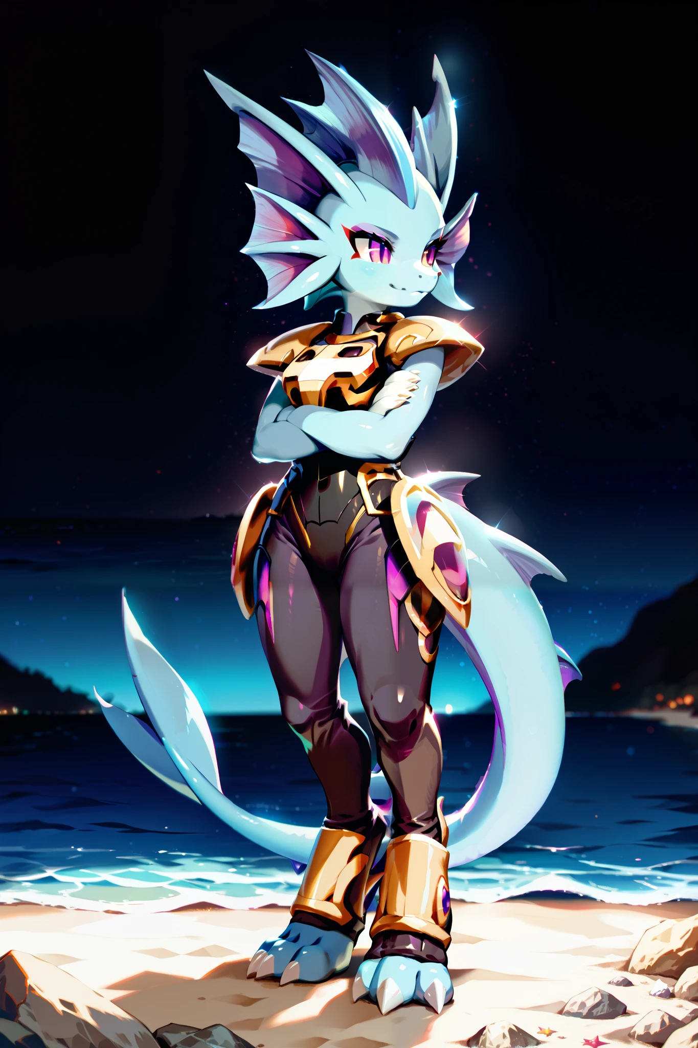 Anime, ((anime style)), solo drawing, solo ((at a beach at night)), ((night sky)), ((star filled sky)), ((vivid purple eyes)), ((draconic ear fins)), ((head fin)), ((tall figure)), ((standing with arms folded)), ((blank expression)), ((digitigrade legs)), ((digitigrade feet)), ((highly detailed anime style)), clean lines, claws, Merga from freedom planet 2, female, light armor, blue skin, black armor with gold trim, white claws, short muzzle, leg armor, ankle armor, black leggings under armor