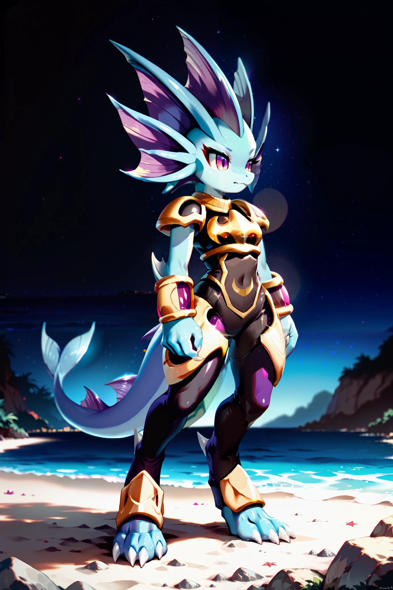 Anime, ((anime style)), solo drawing, solo ((at a beach at night)), ((night sky)), ((star filled sky)), ((vivid purple eyes)), ((draconic ear fins)), ((head fin)), ((tall figure)), ((standing with arms folded)), ((blank expression)), ((digitigrade legs)), ((digitigrade feet)), ((highly detailed anime style)), clean lines, claws, Merga from freedom planet 2, female, light armor, blue skin, black armor with gold trim, white claws, short muzzle, leg armor, ankle armor, black leggings under armor