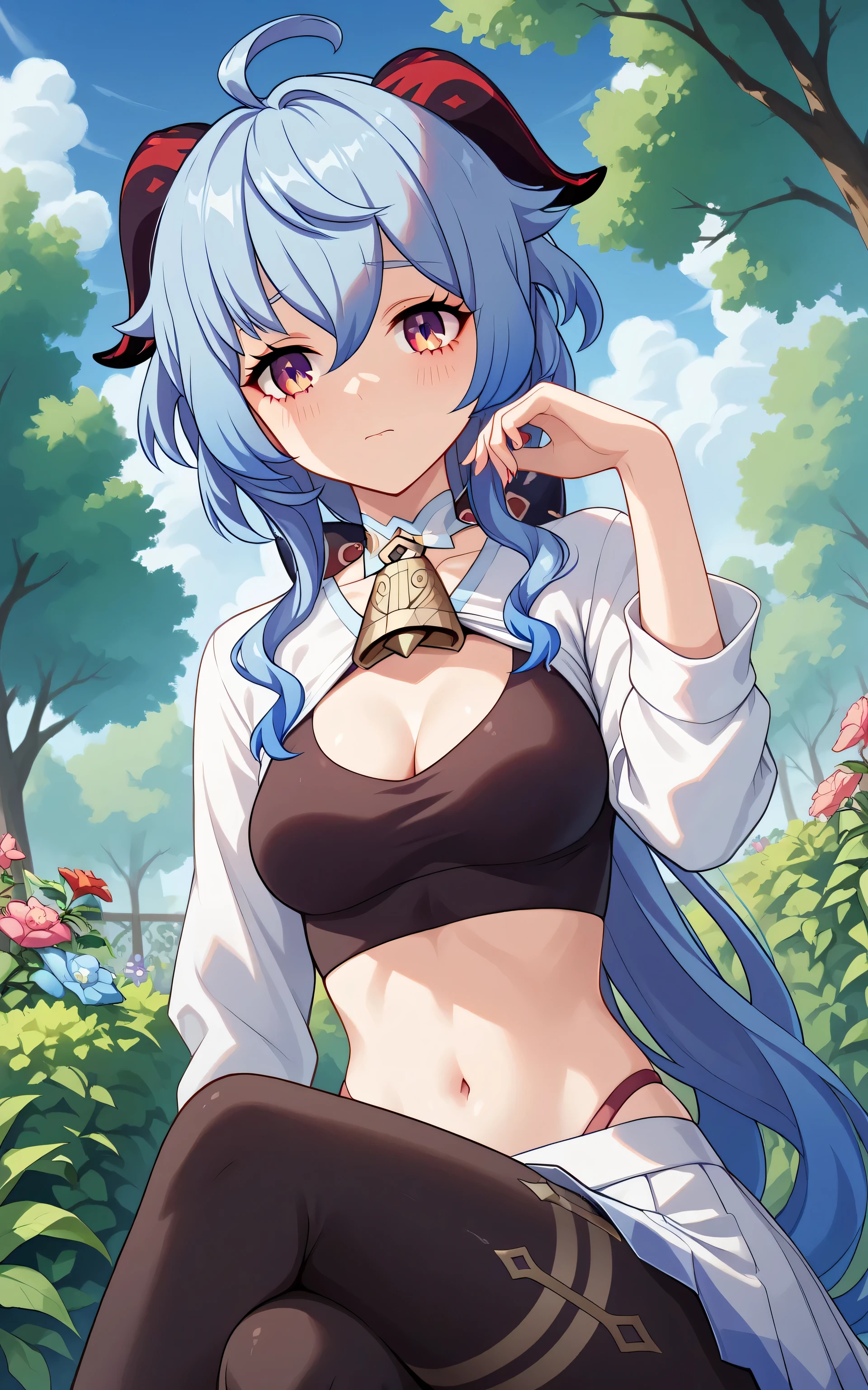 upper body, Ganyu, Random Sexy pose , ((Ultra detailing)), (very aesthetic, best quality, ultra detailed), intricate details,
1girl, sharp jawline, Long hair, shy, Blush , medium breast, (wearing Wearing shirt, Crop top, choker, Skirt, stocking, Cleavage), Garden, crossed legs, Low angle view,