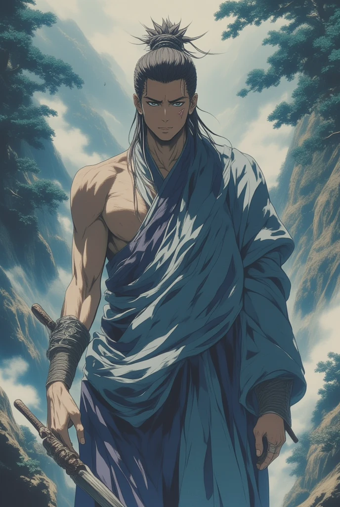 Crie um taoista, has brown hair , black eyes, wears a gray robe with white details, And he's very muscular,he is very handsome