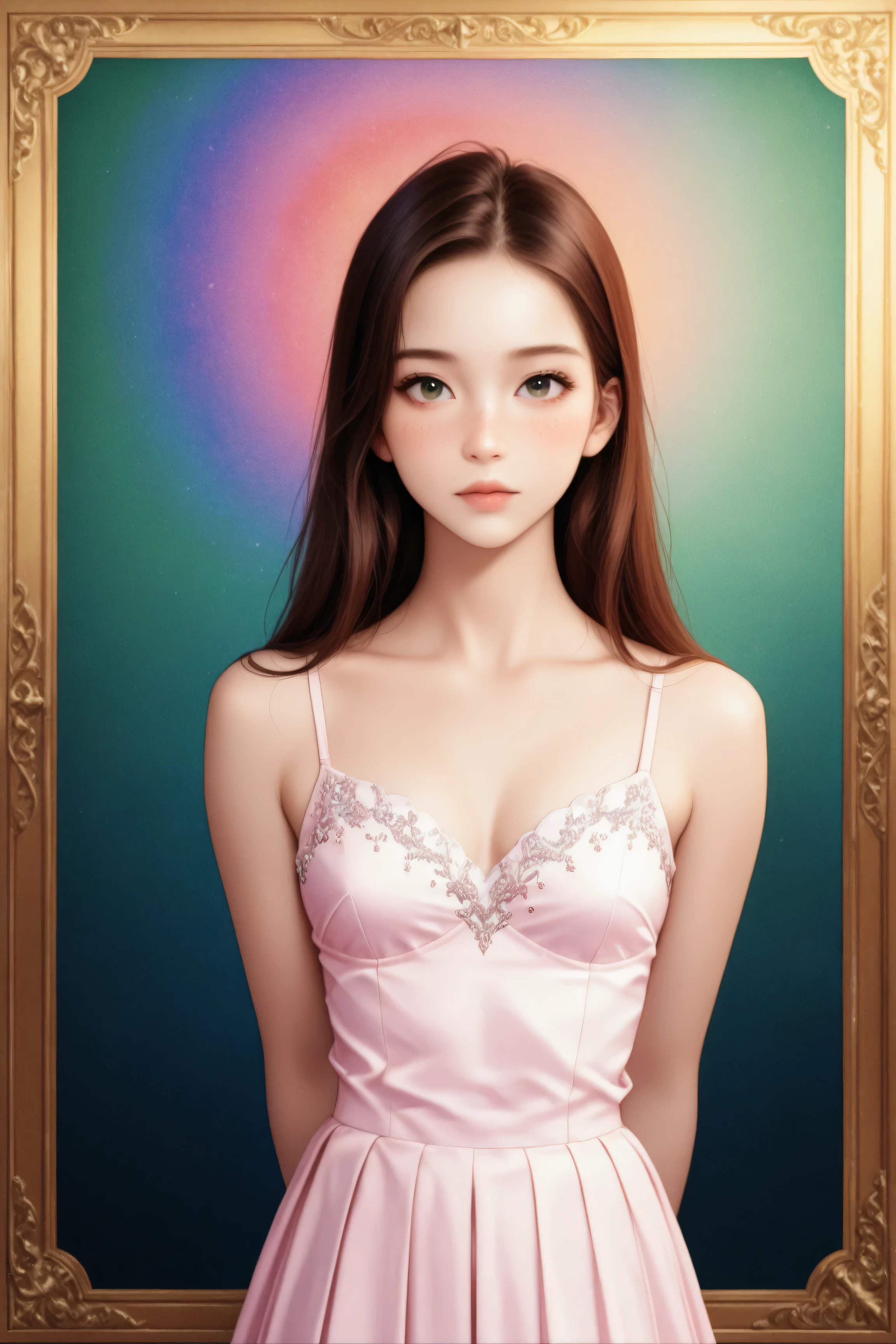 beautiful, redhead, long hair, side part hairstyle, dark green eyes, freckles, pink leather, small breasts, cleavage, magical, mystical, psychedelic, fantasy, ethereal, gold border, graphic novel, line drawing, traditional, vintage, elegant, chic, sophisticated, (arms behind back), big expressive eyes, ulzzang, Slender、Slender body、asian high school girl, freckled face, heavy blushing, freckled face, heavy blushing, swirling patterns,inconsistent perspective,unnatural proportions,detailed,unsettling,high contrast,ethereal atmosphere,vibrant hues,uncanny,dreamscape,surrealistic,unrestrained imagination,incoherent thoughts,bizarre scenarios,distorted emotions,intense,hallucination,transformative,unpredictable,whimsical,