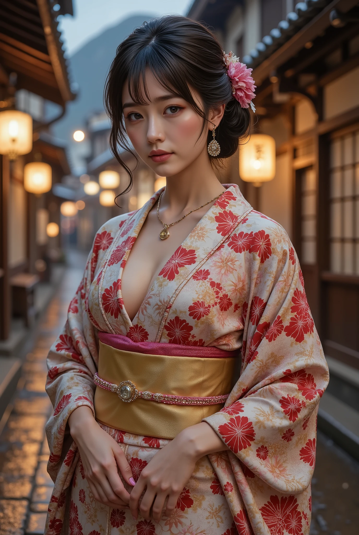 ( top quality, 8k, 32K, Masterpiece, ultra high resolution: 1.2), perfect anatomy for the lower abdomen, ( Photorealistic: 1.2), ( sharp concentration), Soft light, ( accurate anatomy), man penetrates a man , 1 girl, (cowboy shot: 1.5), sexyな遊女, cute face, 絶妙なジュエリーで飾られた美しく enchantingフィギュア , enchanting, sexy, erotic, beautiful face, detailed and perfect face , Round face, big, even eyes , Expiration Ratio, Big Breasts, slim waist, sexy thighs, Dynamic Poses , wearing sexy open kimono. (No.), A beautiful adult Japanese woman who accurately expresses the texture and intricate patterns of a kimono, Yoshiwara in the Edo Period, Yoshiwara at night , sensual atmosphere,